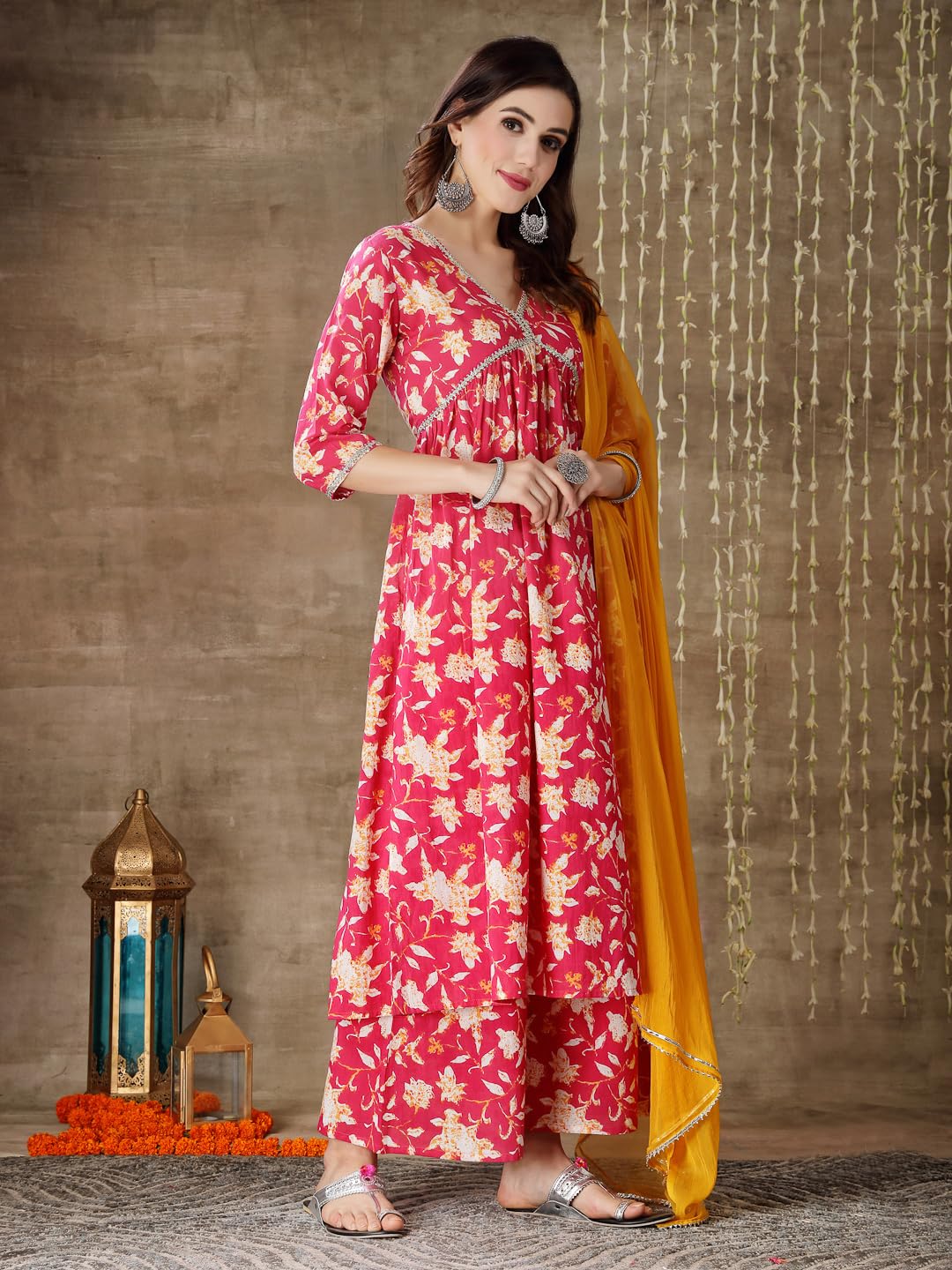Stylum Women Floral Printed Cotton Alia Cut Kurta Palazzo Dupatta Set (Kpdpinkzayla48_Pink, 4Xl)