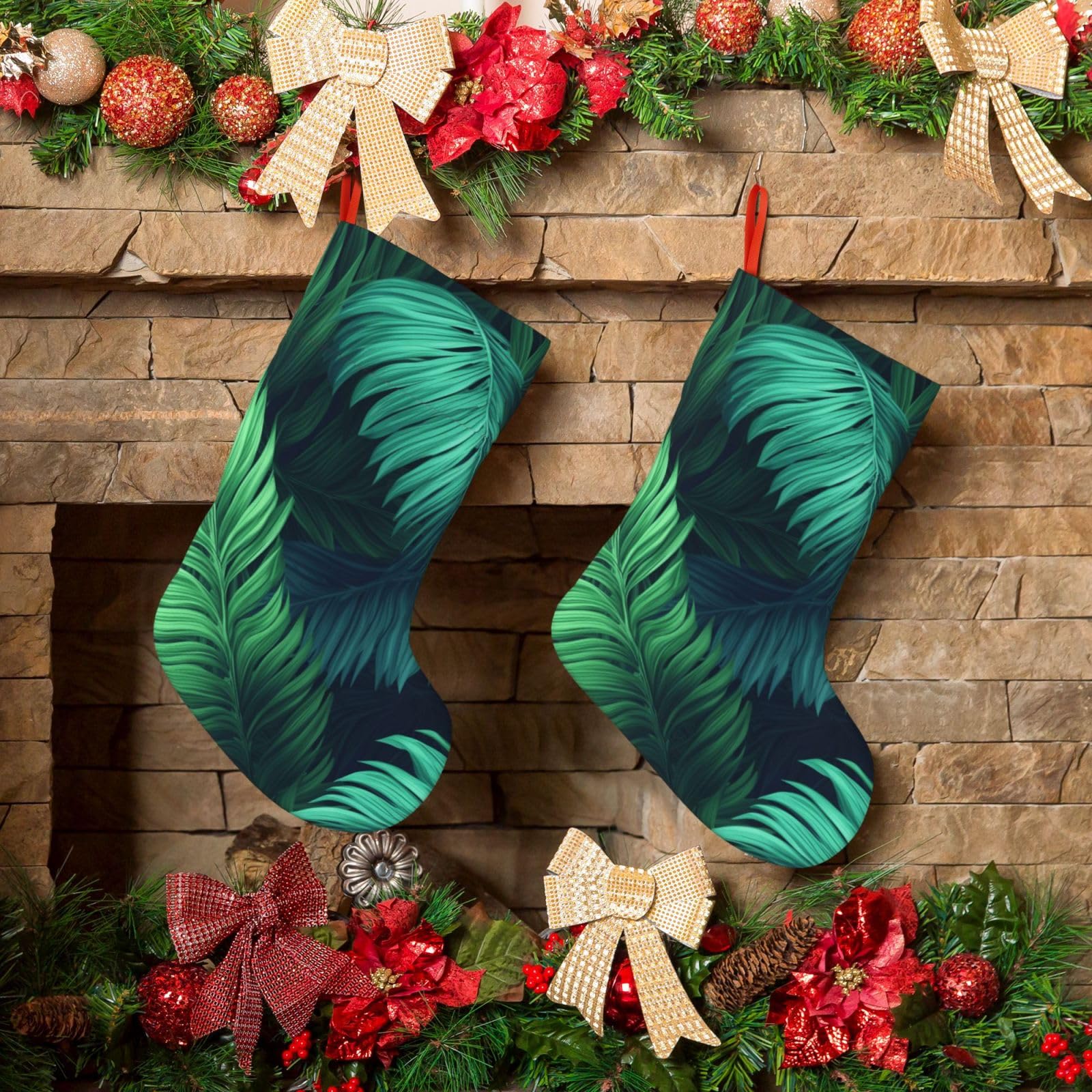 Tropical Palm Leaves Christmas Stockings 18 Inches Velvet Xmas Fireplace Hanging Stocking Rustic Christmas Santa Stockings for Home Christmas Decorations Party Favor Supplies