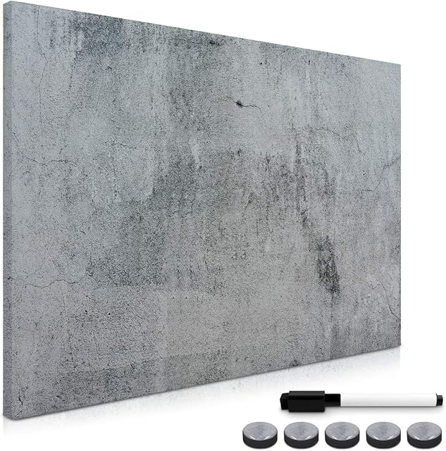Navaris Magnetic Memo Board Whiteboard - 90 x 60 cm Dry Erase White Board with Design for Wall - Includes Marker and Magnets - Concrete