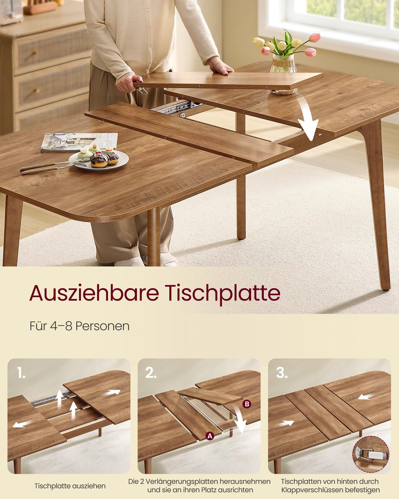 VASAGLE Esstisch, Esszimmertisch, Küchentisch, ausziehbare Tischplatte, 120 kg belastbar, für Esszimmer, Büro, Arbeitszimmer, Schlichtes Design, honigbraun KDT090K01