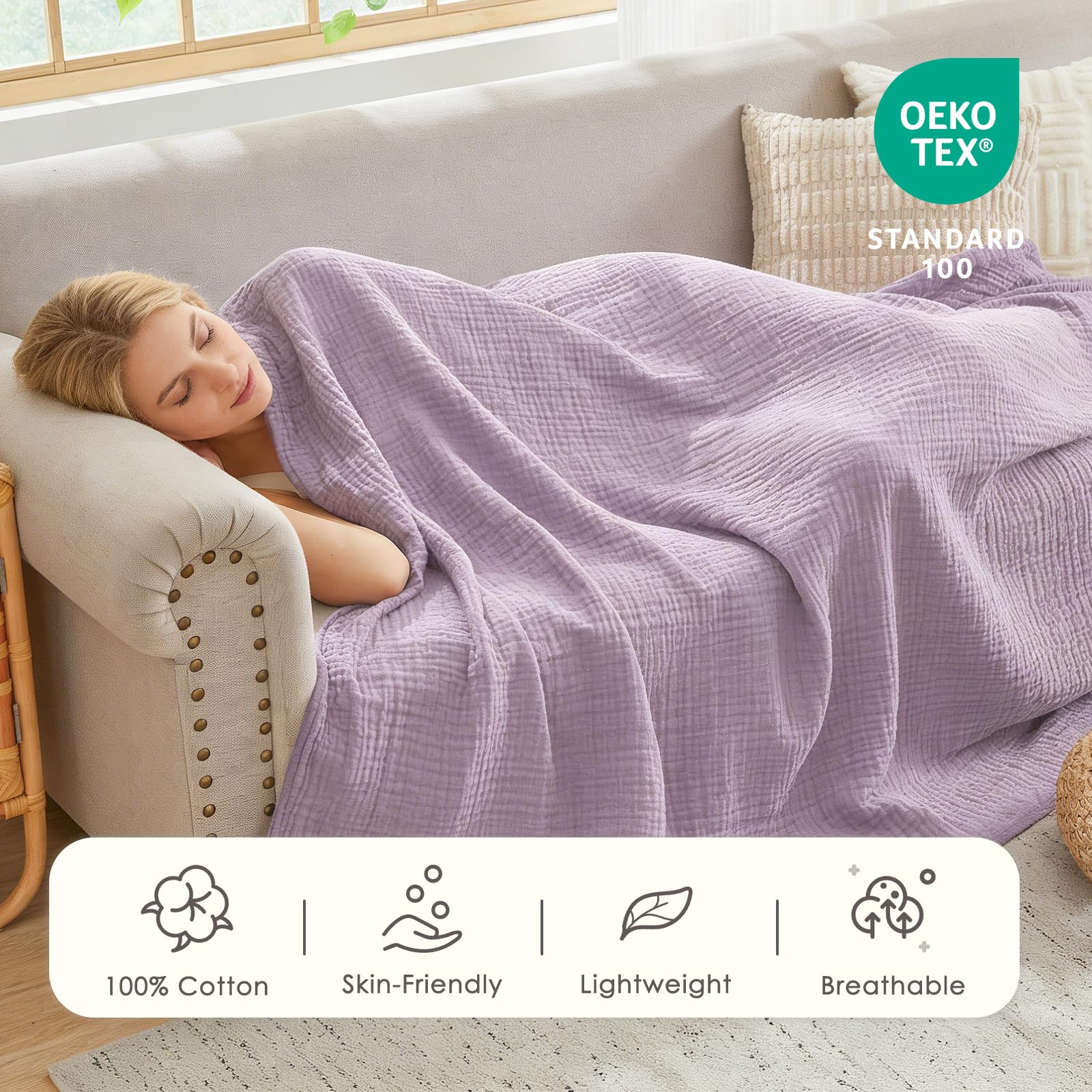 EMME Copriletto in Musolina 150x200 cm – 4 Strati di Tessuto Melange, Oeko-TEX 100, Morbida Copriletto & Coperta da Letto in Cotone per Divano e Letto, Melange Lavanda
