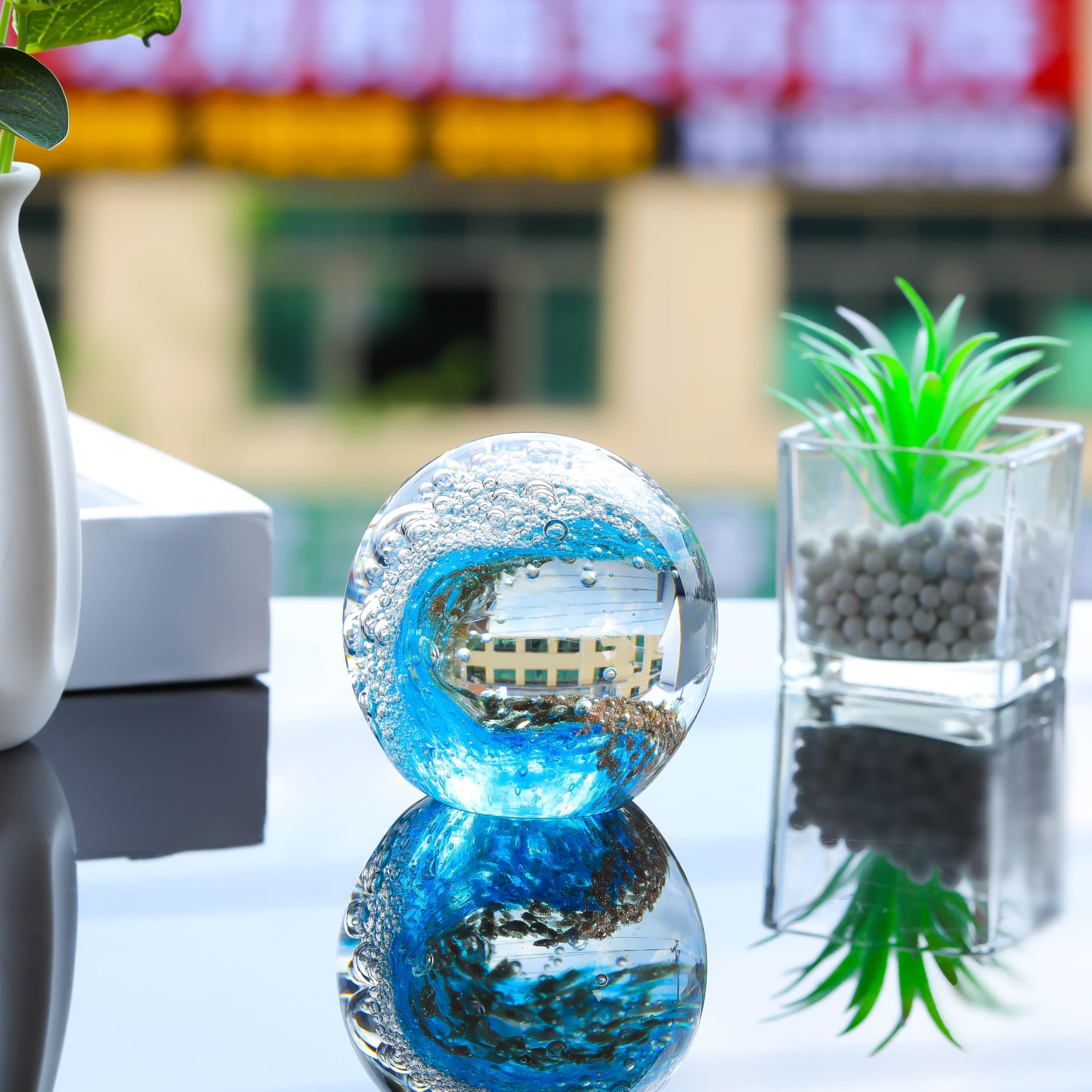 Eachave Glass Paperweight, Hand Blown Glass Figurines Ocean Wave Ball, Home Decor Collectible, Aquarium Decor - Image 2