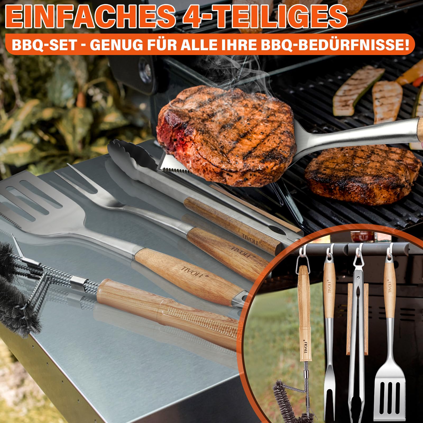 TIVOLI Grillbesteck Set 4-teilig, aus hochwertigem Edelstahl Gefertigt, mit Sicheren Holzgriffen, inklusive Grillzange, Pfannenwender, Grillbürste und Grillgabel – Grill Geschenke für Männer