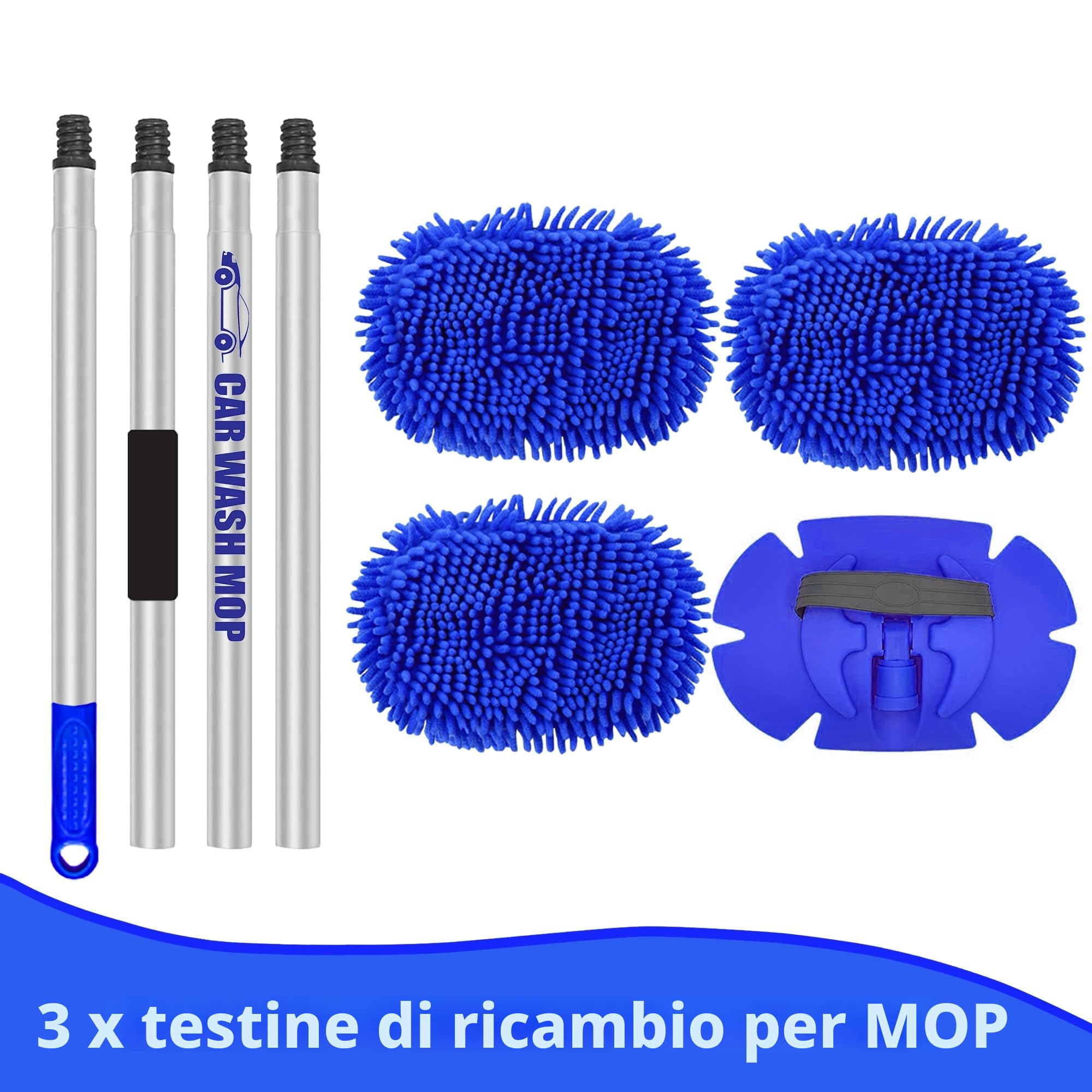 160cm 63" Spazzola Lavaggio Auto con Manico Telescopico Microfibra Spazzolone Pulizia Camion Kit Detailing Accessori Camper Car Vetri Prodotti Autolavaggio 2 In 1 Interni Wash Brush (3 Teste Ricambio)