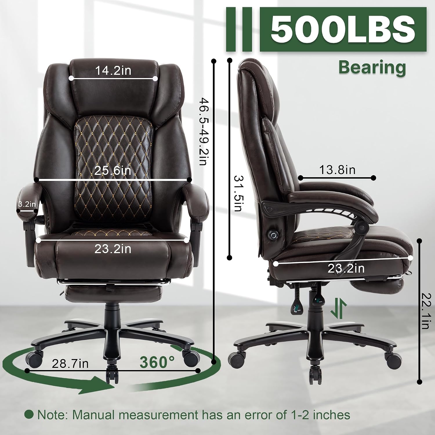 Reclining Office Chair with Retractable Footrest & Adjustable Lumbar Support - 500 lbs Capacity for Big and Tall Users, Leather Executive Desk Chair for Home Office, Work, and Relaxation, Brown
