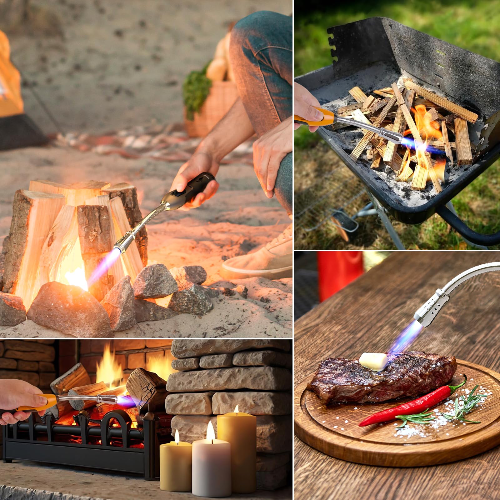 2Pcs Briquet Allume-Feu Rechargeable, Gaz/Allumette Long Allume-Bougies Tempête Flamme Chalumeau BBQ, Cheminée, Bois, Camping (Gaz Non Inclus) Noir et Orange