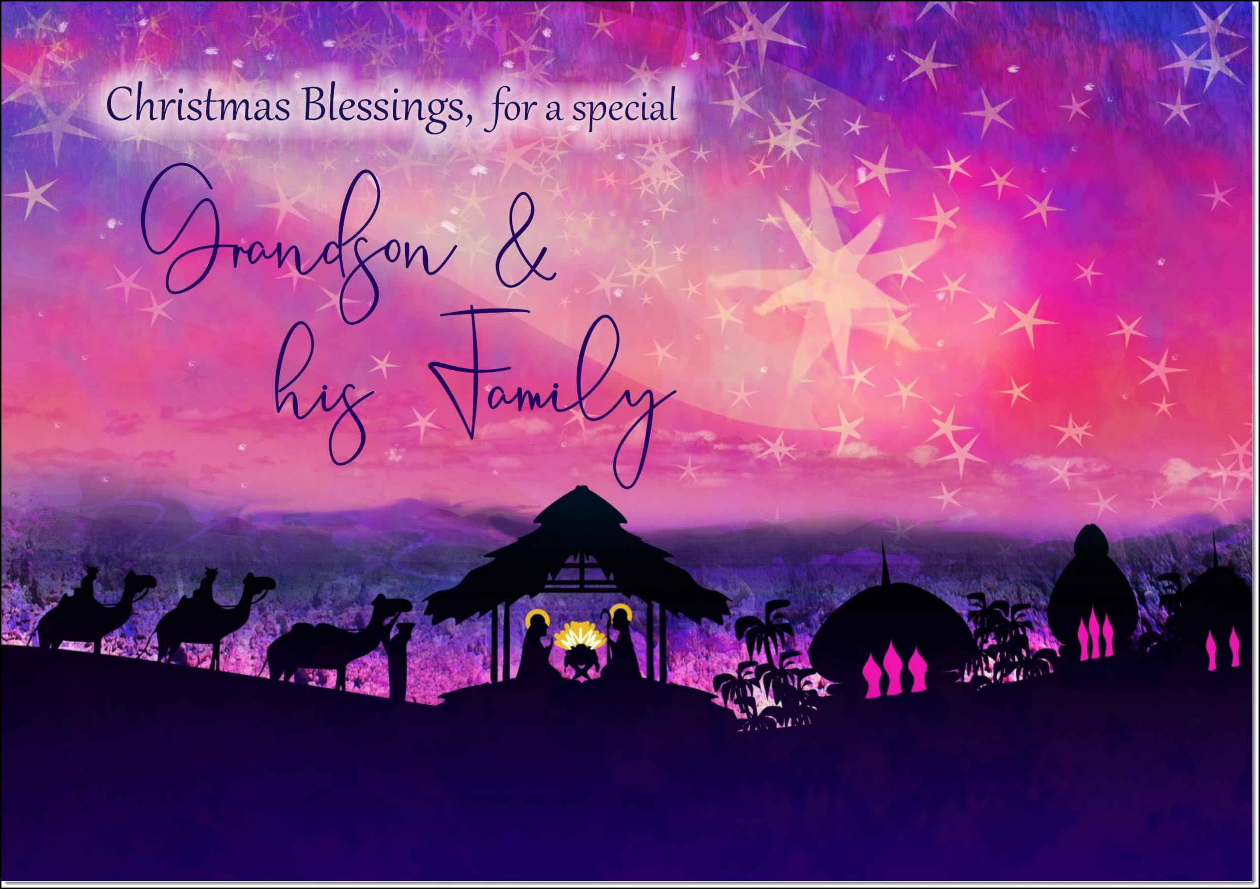 doodlecards Grandson and Family Christmas Card Nativity Scene Evening Watercolour Large A4 Size Christmas Card for Grandson & Family with Plain Envelope