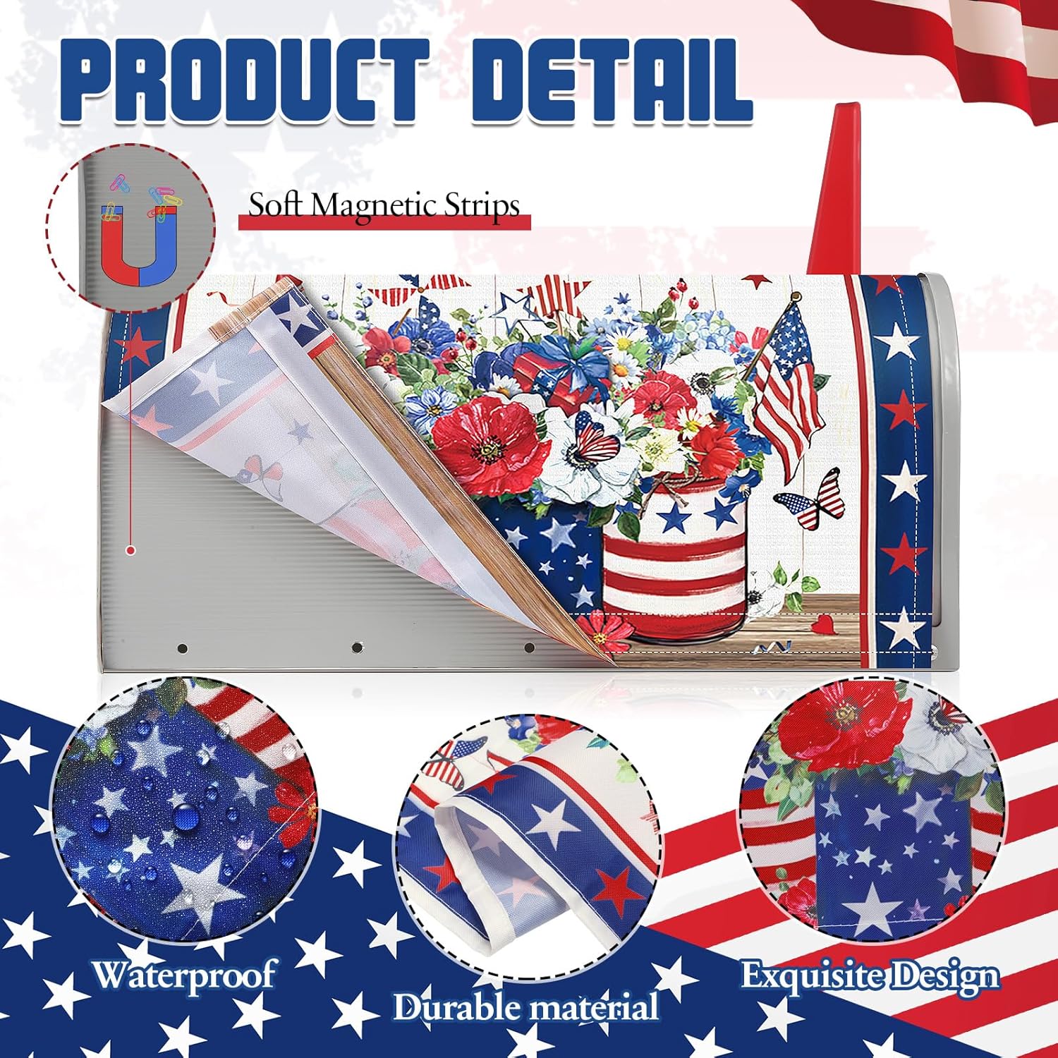 Blosssound 4th of July Mailbox Cover Magnetic Standard Size 18 x 21 Inch Patriotic 250th Magnetic Mailbox Wraps Independence Day American Flag Post Cover for Garden Yard(Flower)