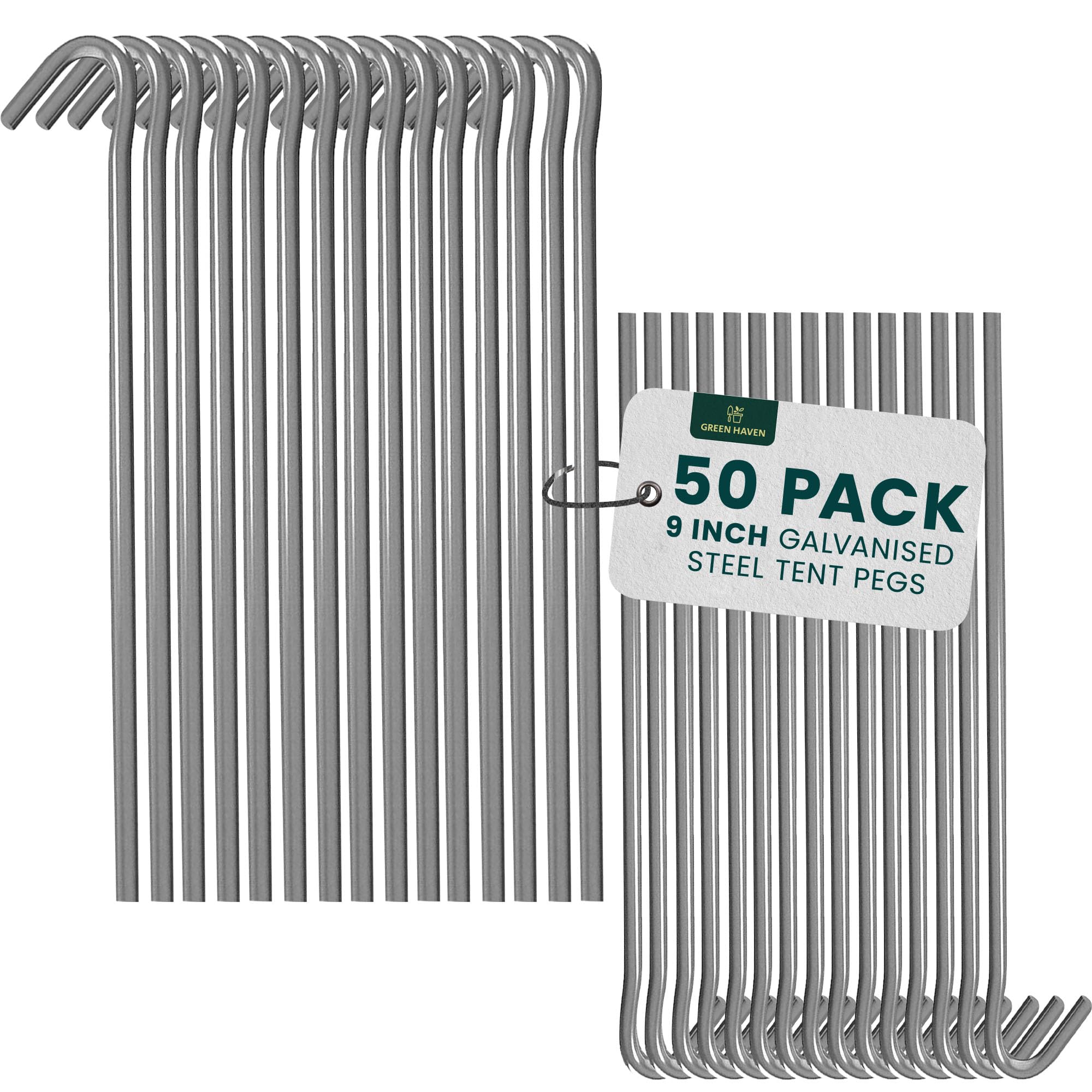 Green Haven Heavy Duty Tent Pegs - 50 Pack 9 inch Durable Galvanised Steel Ground Stakes, Rust-Resistant Tent Pegs Metal Heavy Duty for Camping, Gazebos, Hiking & Outdoor