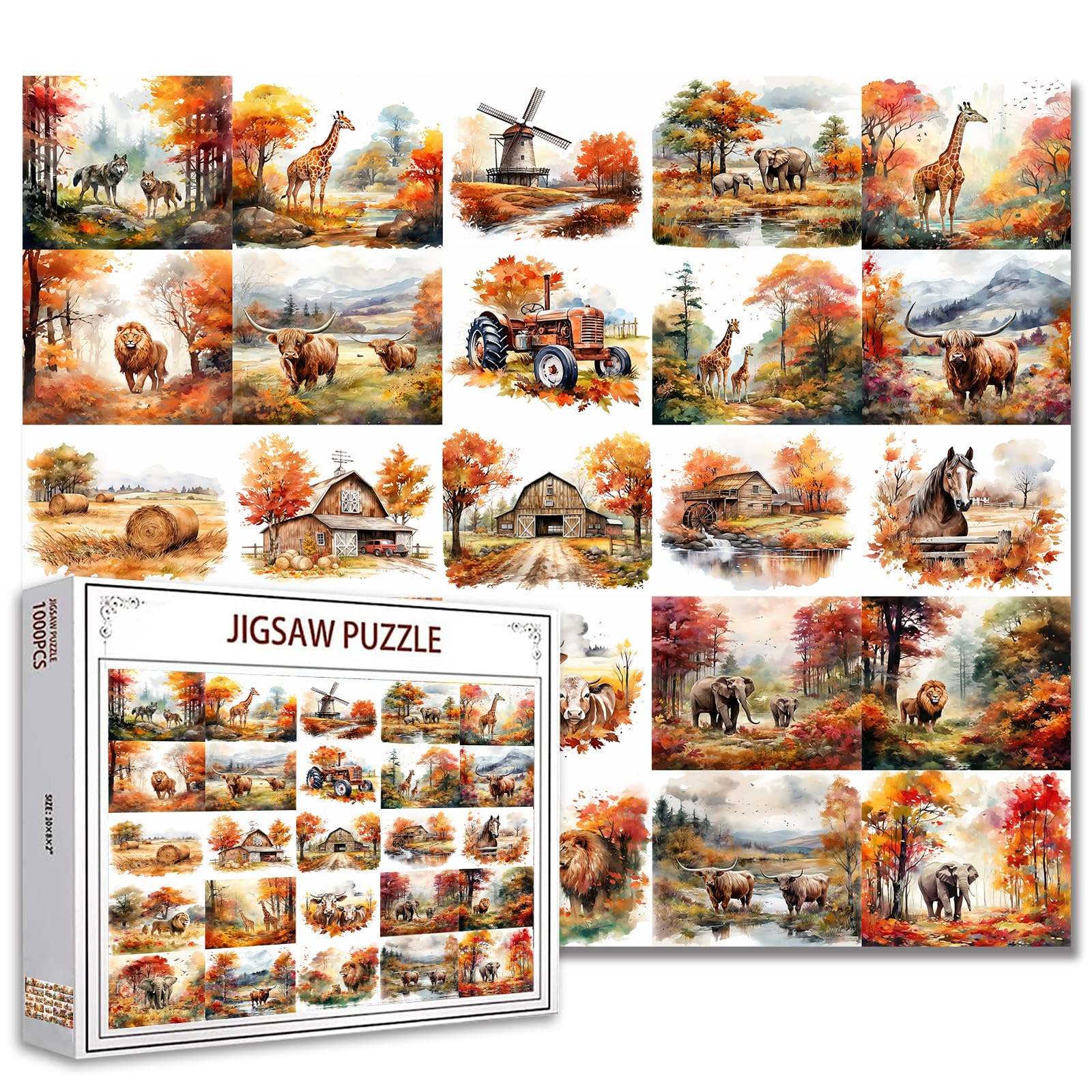 Autumn Countryside 1000 Piece Jigsaw Puzzles Game for Adults Kid Colorful Animals Puzzles Wolf in Watercolor Cow Lion Puzzle for Home Wall Decor DIY Art Perfect for Game Nights 27 x 20 Inches