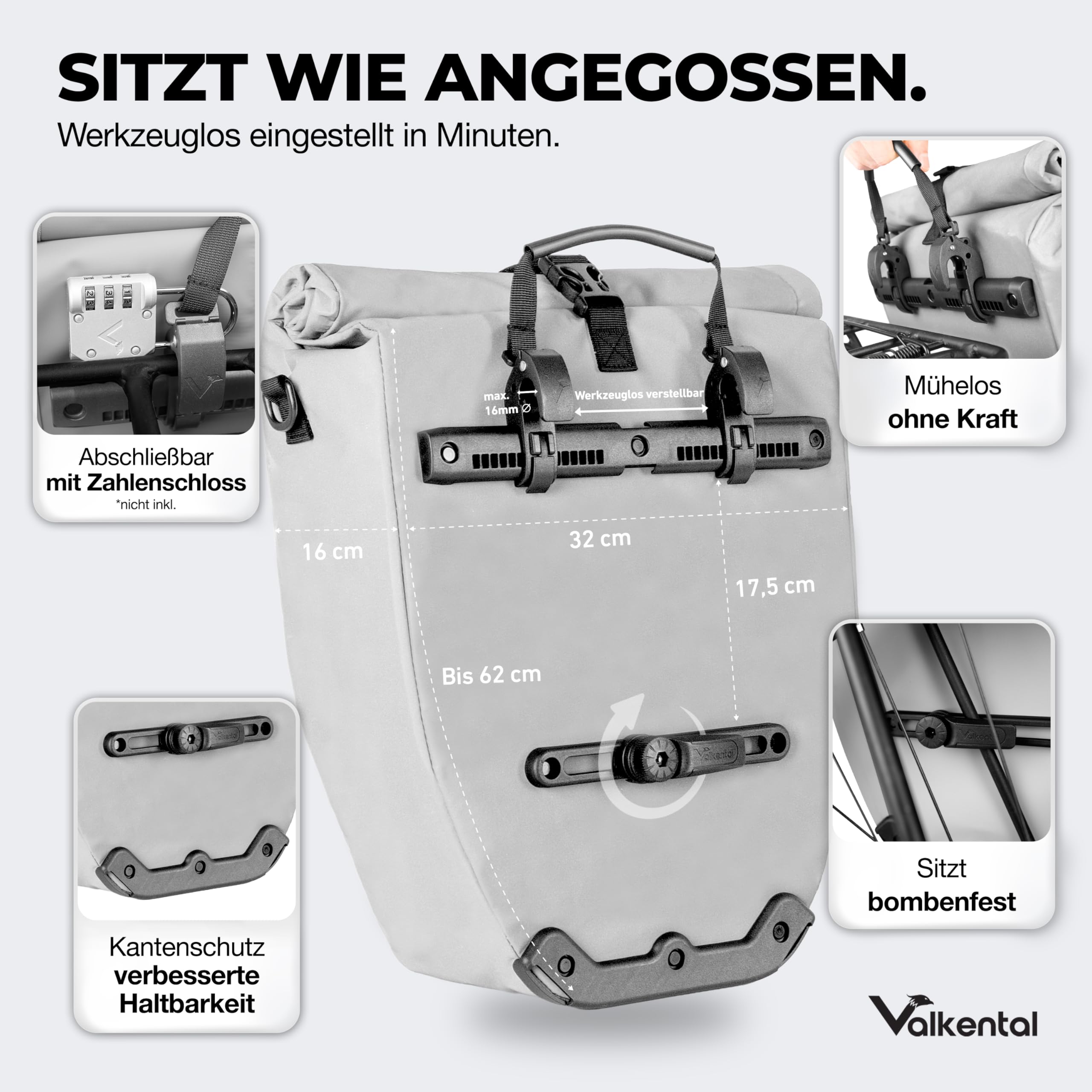 Valkental Gepäckträgertasche, Wasserdicht & Abschließbar | Abschließbar für Diebstahlschutz, große Reflektoren für Sichtbarkeit, bombenfester Sitz, mehrfach ausgezeichnet, langlebig