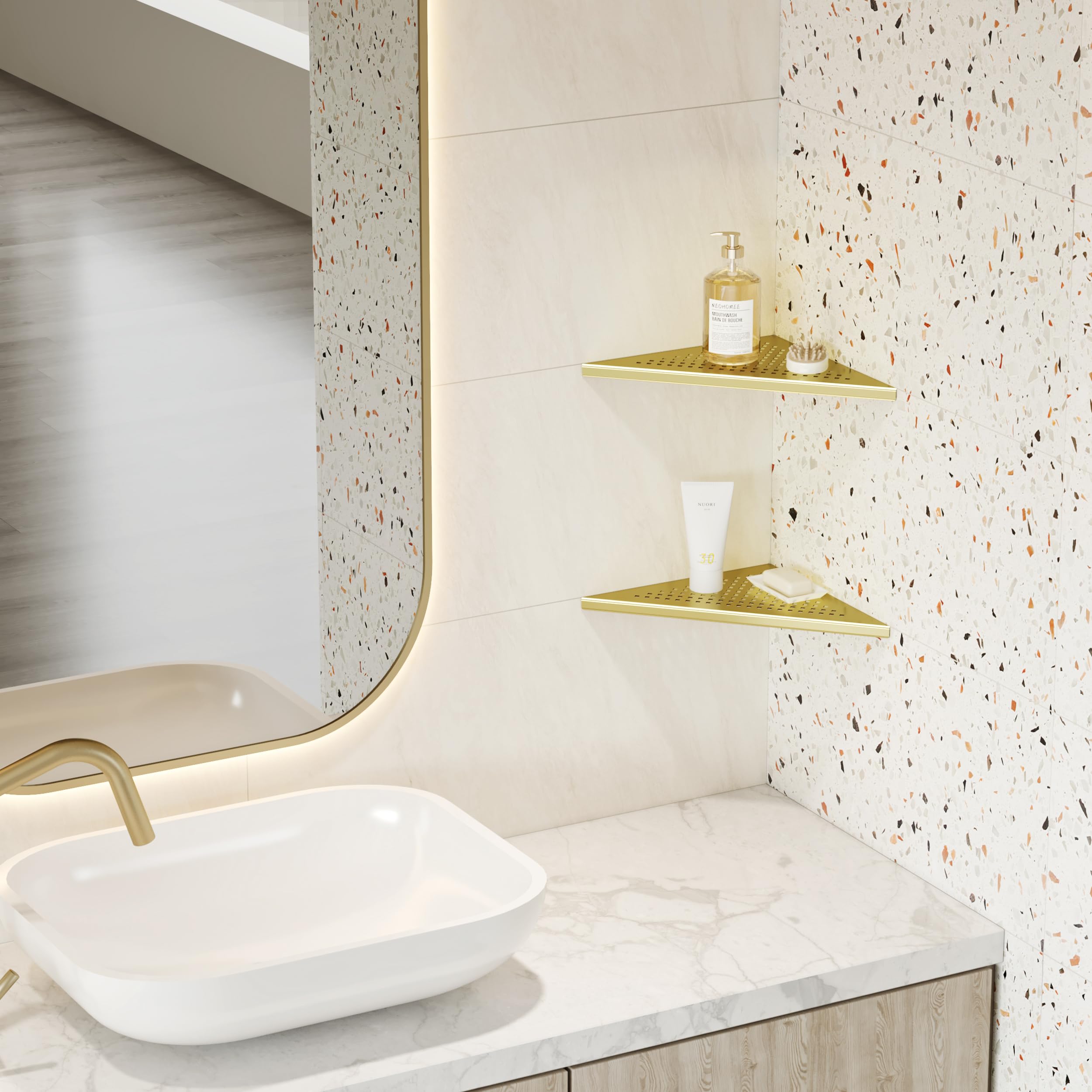 Neodrain Mensola Doccia Angolare In Acciaio Inox Oro – 2 Pezzi, Portaoggetti Bagno E Cucina