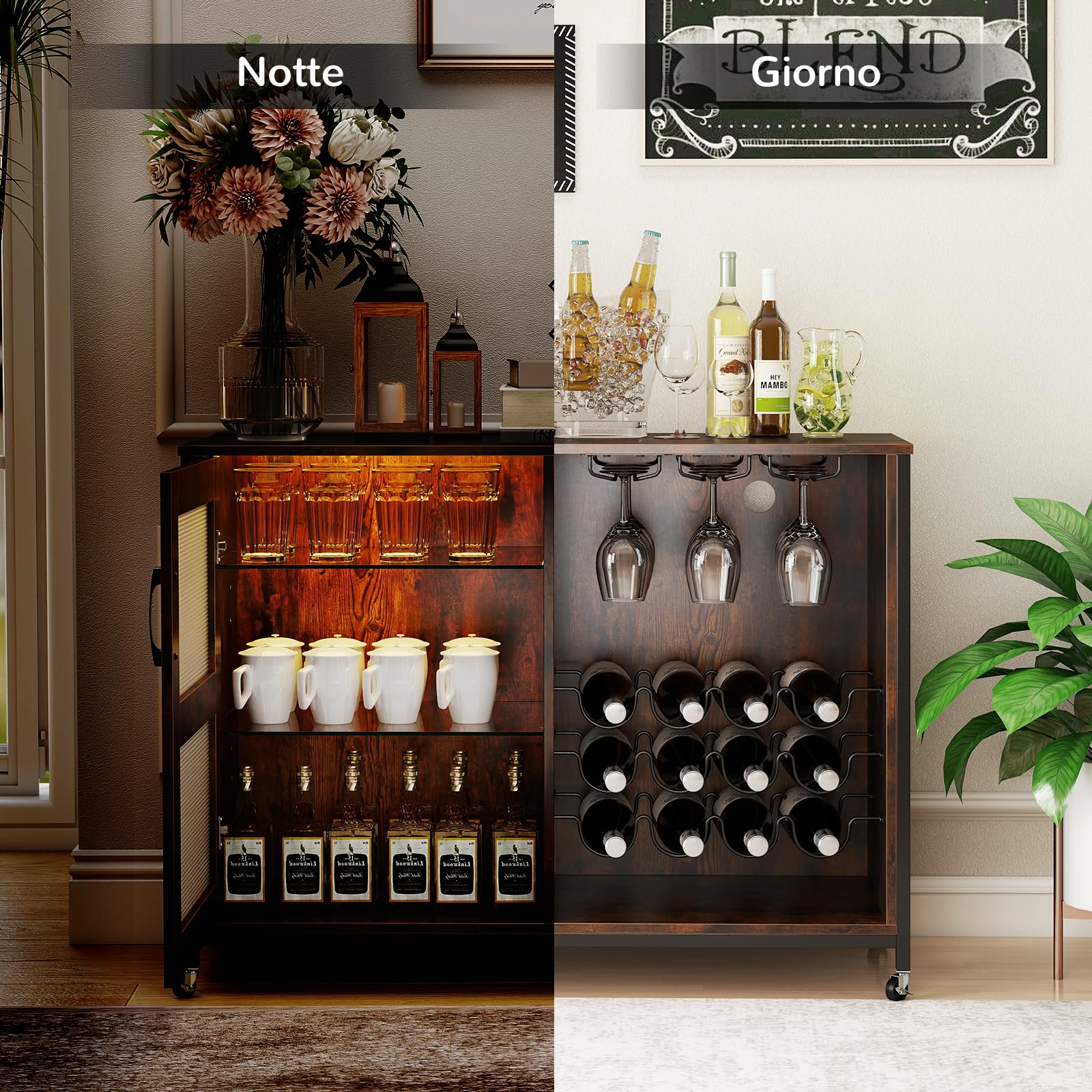 COSTWAY Mobile Bar per Vino con Luce LED, Credenza Buffet da Cucina con Ruote, Ripiani Regolabili, Supporti per Bicchieri e Bottiglie, per Sala da Pranzo e Soggiorno, 108 × 40 × 81 cm