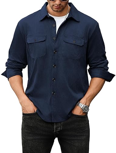 ZAFUL Men's Faux Suede Button Down Shirts Jacket Lightweight Shirt Jacket Long Sleeve Work Coat Solid Color Overshirt