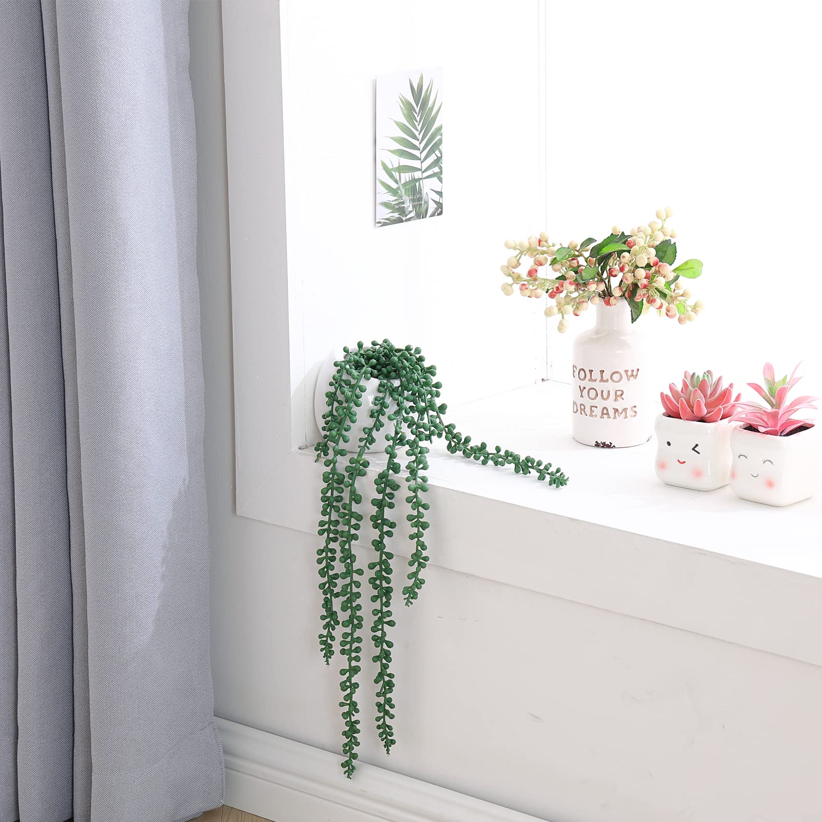 Artificial Succulents Hanging Plants, Fake String of Pearls Plants in White Ceramic, Set of 2