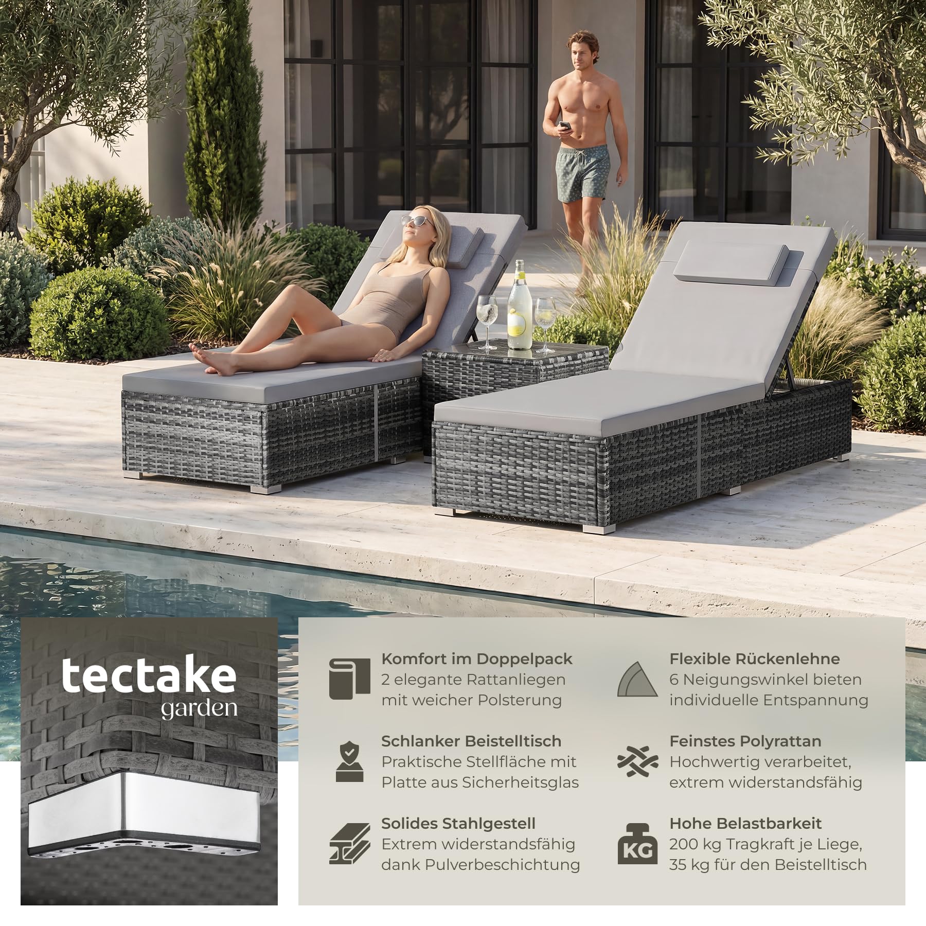 TecTake® Doppelliege für 2 Personen, 6-Fach verstellbare Rückenlehne, inkl. Tisch, wetterfest, 200 kg belastbar, Doppelsitzliege Garten, Sonnenliegen für Zwei, Gartenmöbel Rattan - grau