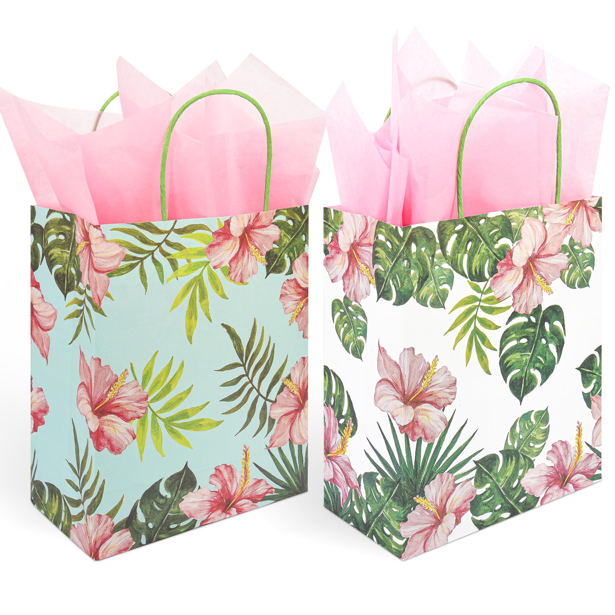 36 Pack Medium Hawaiian Tropical Themed Gift Bags with Handles and 36 Pink Tissue Paper for Luau Parties, Birthdays, Weddings, Bridal Showers, Boutiques (10x8x4 Inch, 2 Designs Assorted)