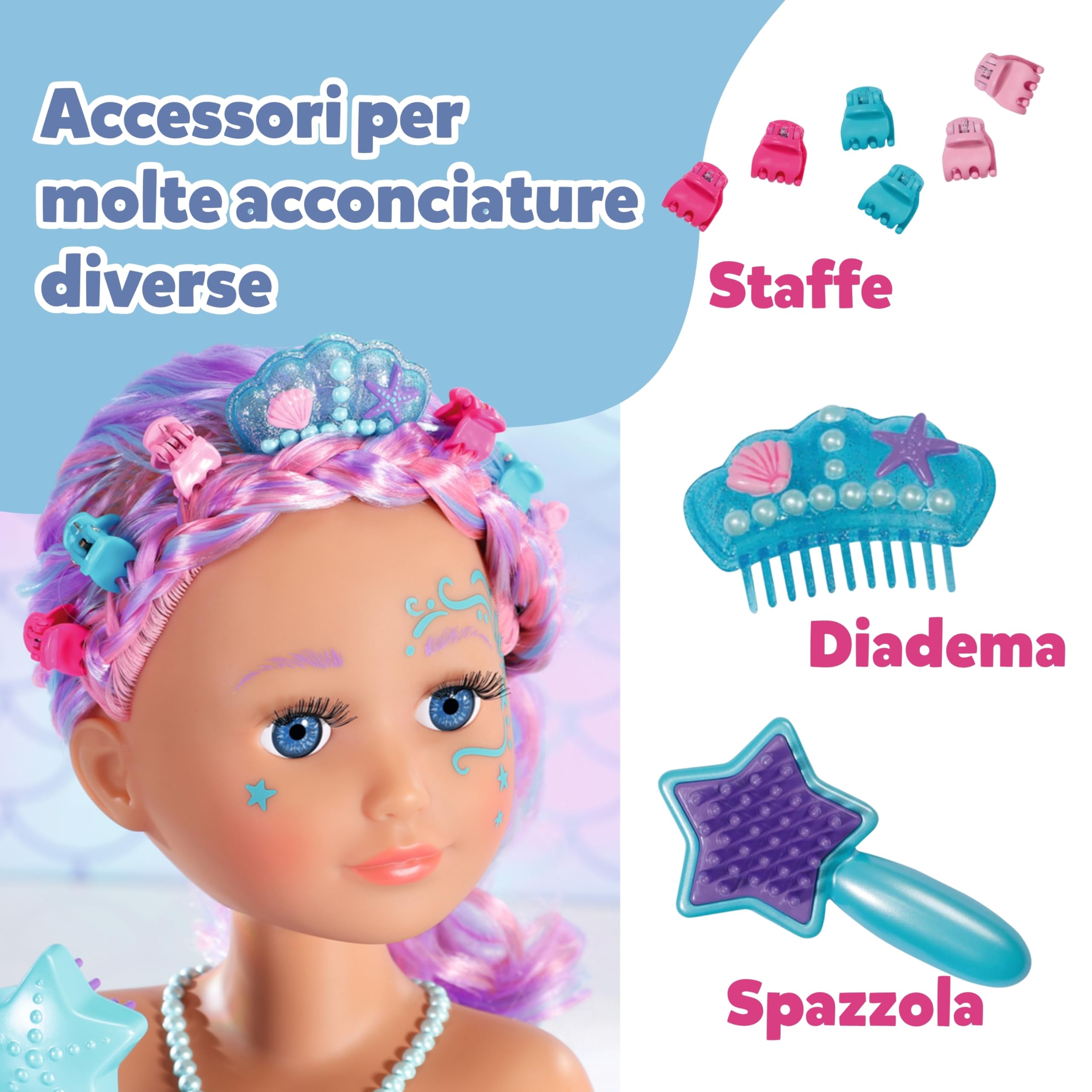 BABY born Testa stilizzata Sirena - Testa da trucco e acconciare per bambine dai 3 anni in su - Girevole e adatta per il bagnetto - Con funzione acqua, spazzola, diadema e accessori
