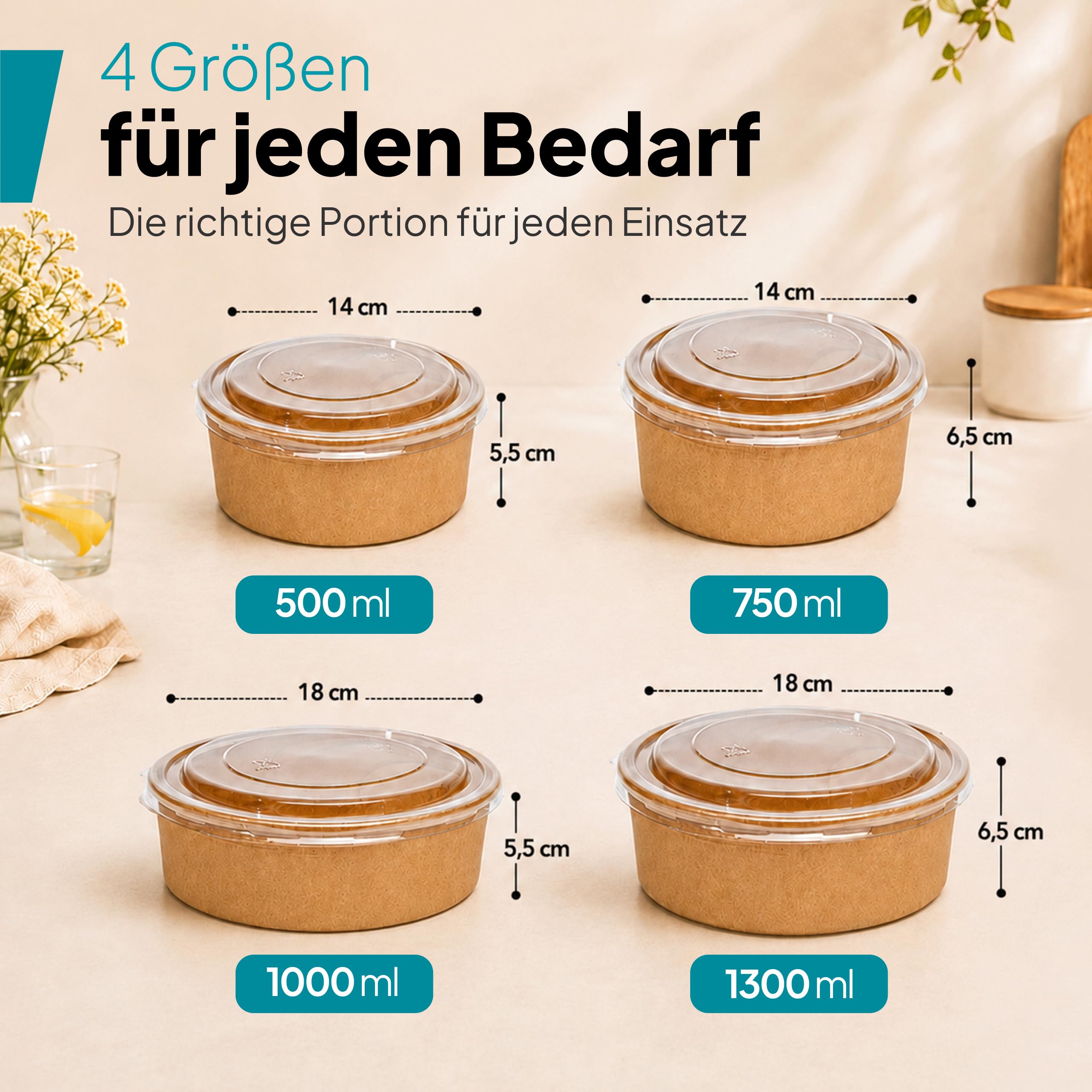 Commerline Salatschale 1300 ml, 150 Stück, Salad Bowl mit Deckel, Braun