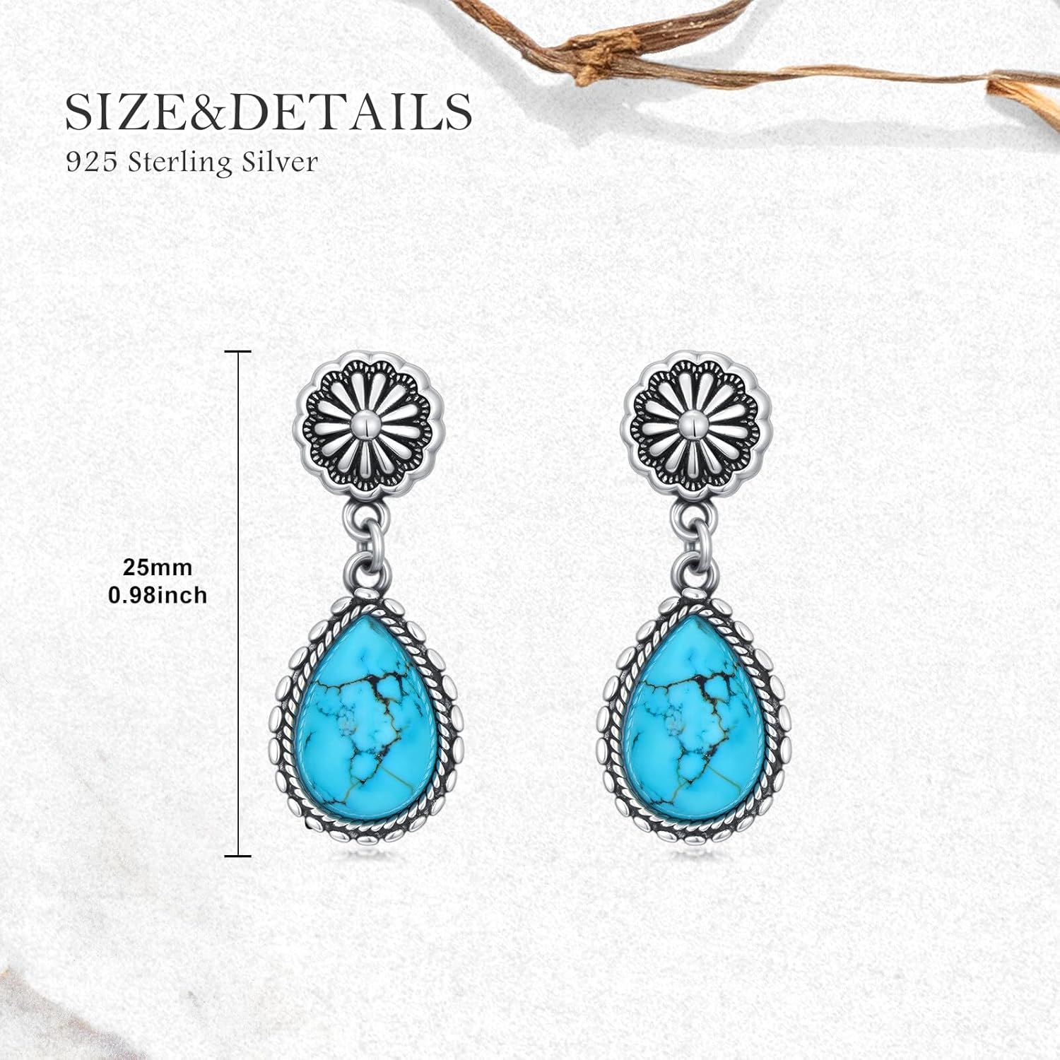 Genuine Turquoise Dangle Earrings 925 Sterling Silver Natural Teardrop Turquoise Flower Drop Earrings Western Navajo Boho Jewelry Gifts for Women Mom Wife Her - Image 5