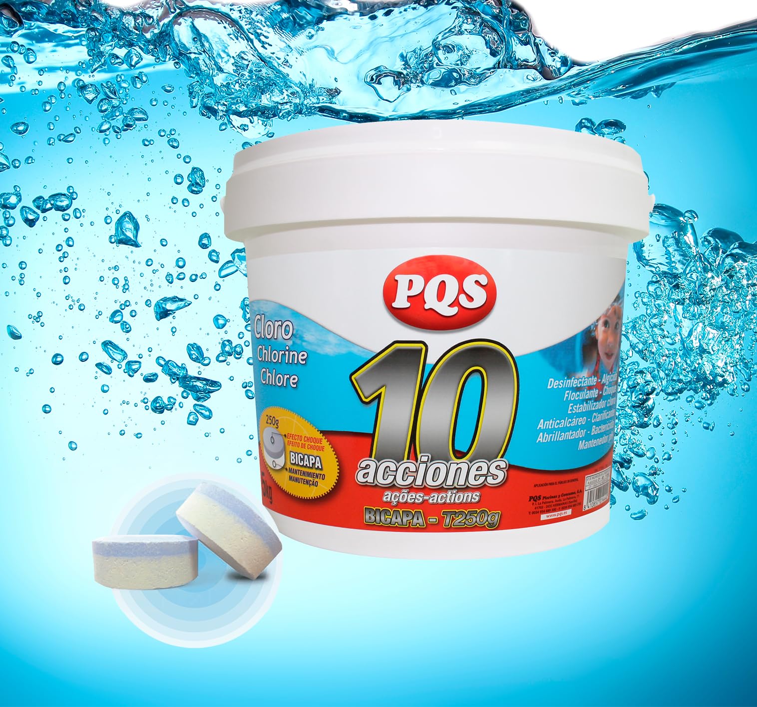 PQS - Cloro 10 Acciones Bicapa T – Tabletas 250 g – Producto para el Tratamiento y Mantenimiento del Agua de Piscinas – Uso No Profesional