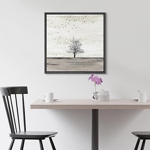 Miniatura 4 de SIGNFORD Lienzo enmarcado para pared, pájaros vuelan sobre campo gris con árboles, animales, ilustraciones de vida silvestre, arte moderno,