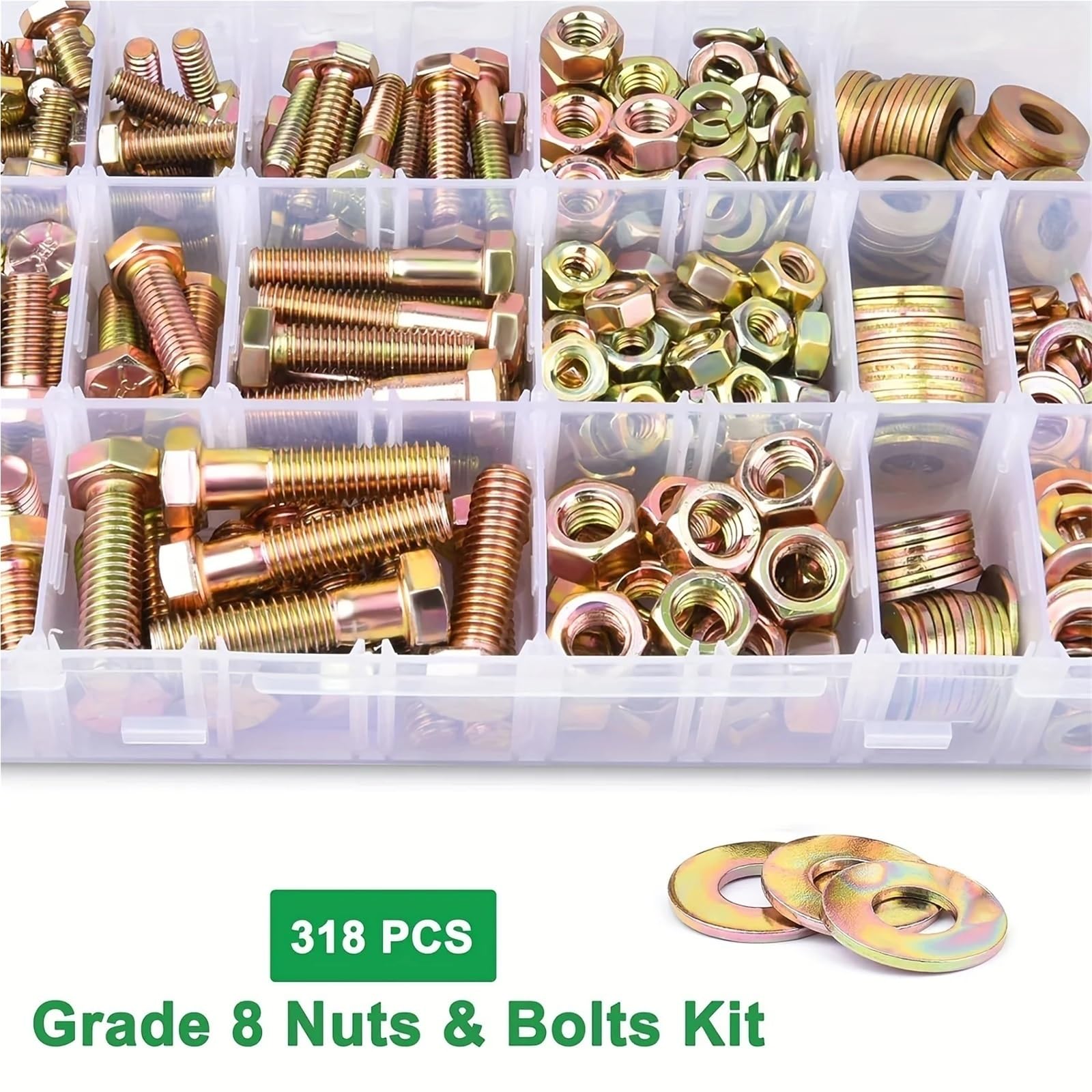 318/608-teiliges Sortiment an Schrauben und Muttern der Güteklasse 8 for hohe Beanspruchung, 1/4-20, 5/16-18, 3/8-16 Sechskantschrauben, Unterlegscheiben Schrauben und Muttern Set(608PCS)