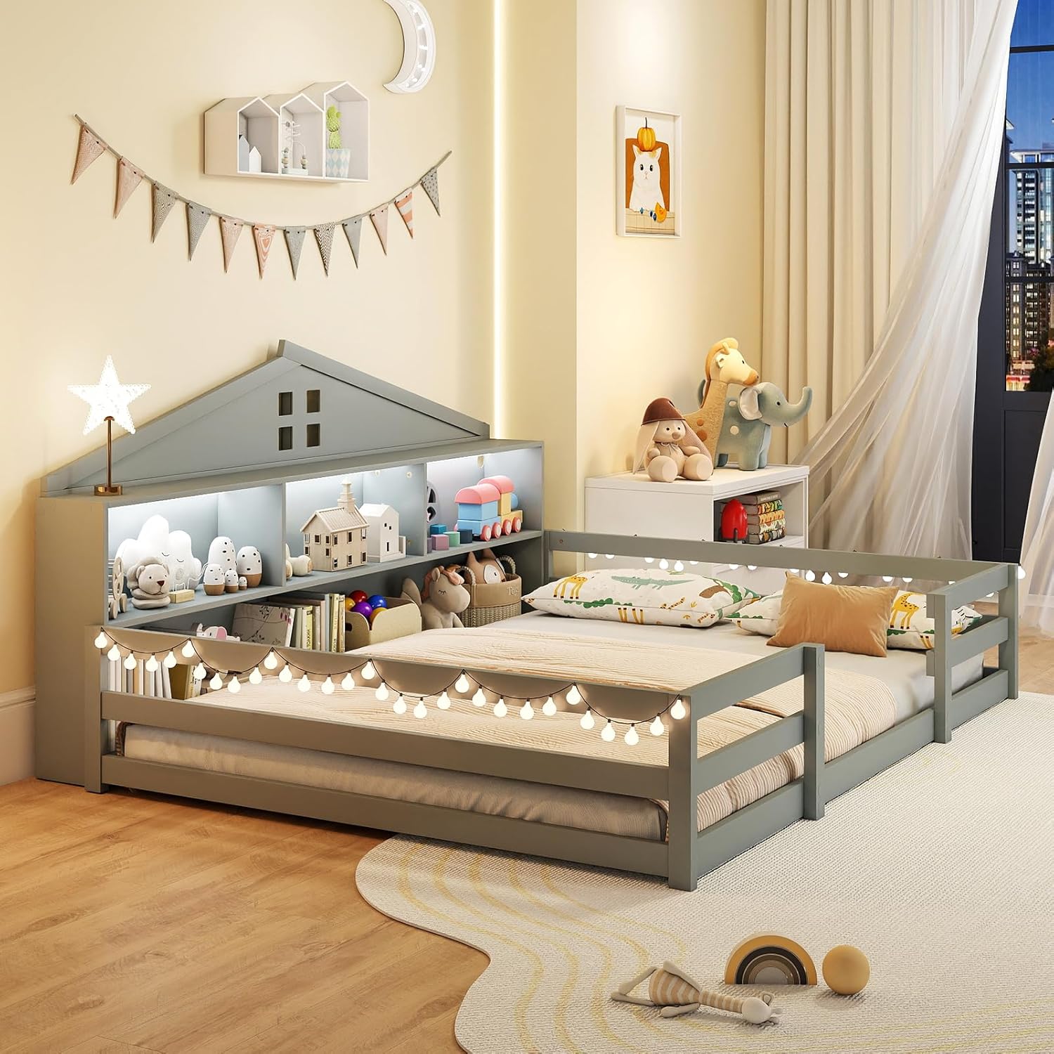 Giantex Montessori Floor Bed set up as a comfortable sleeping area with LED lights on
