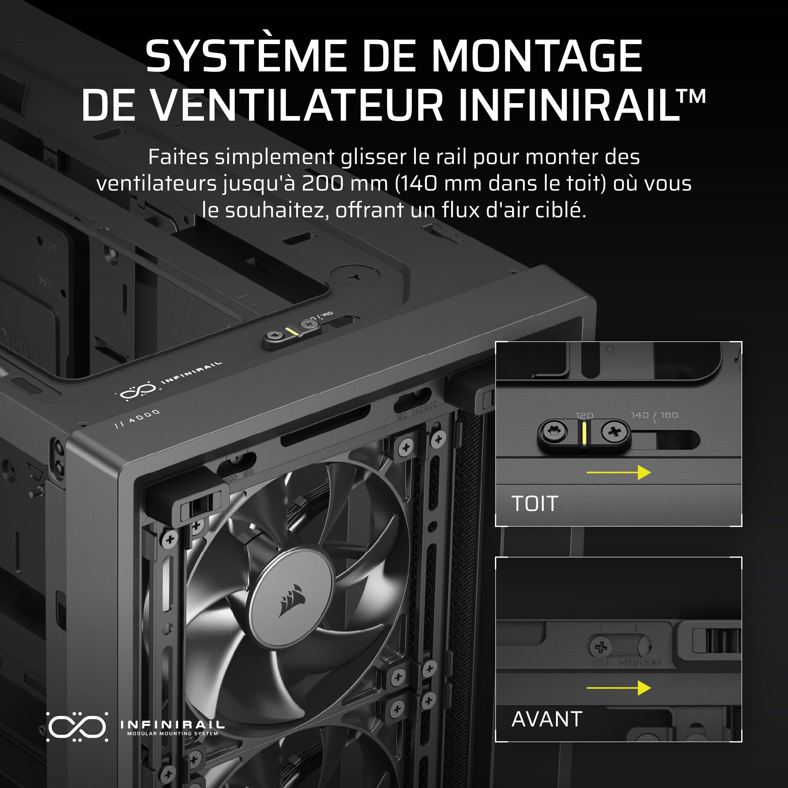 CORSAIR Frame 4000D RS Boîtier Modulaire PC De Taille Moyenne – 3X Ventilateurs RS, Système De Supports Infinirail, Convient Plusieurs Radiateurs 360mm, Compatible avec Cartes Mères Inversée – Noir