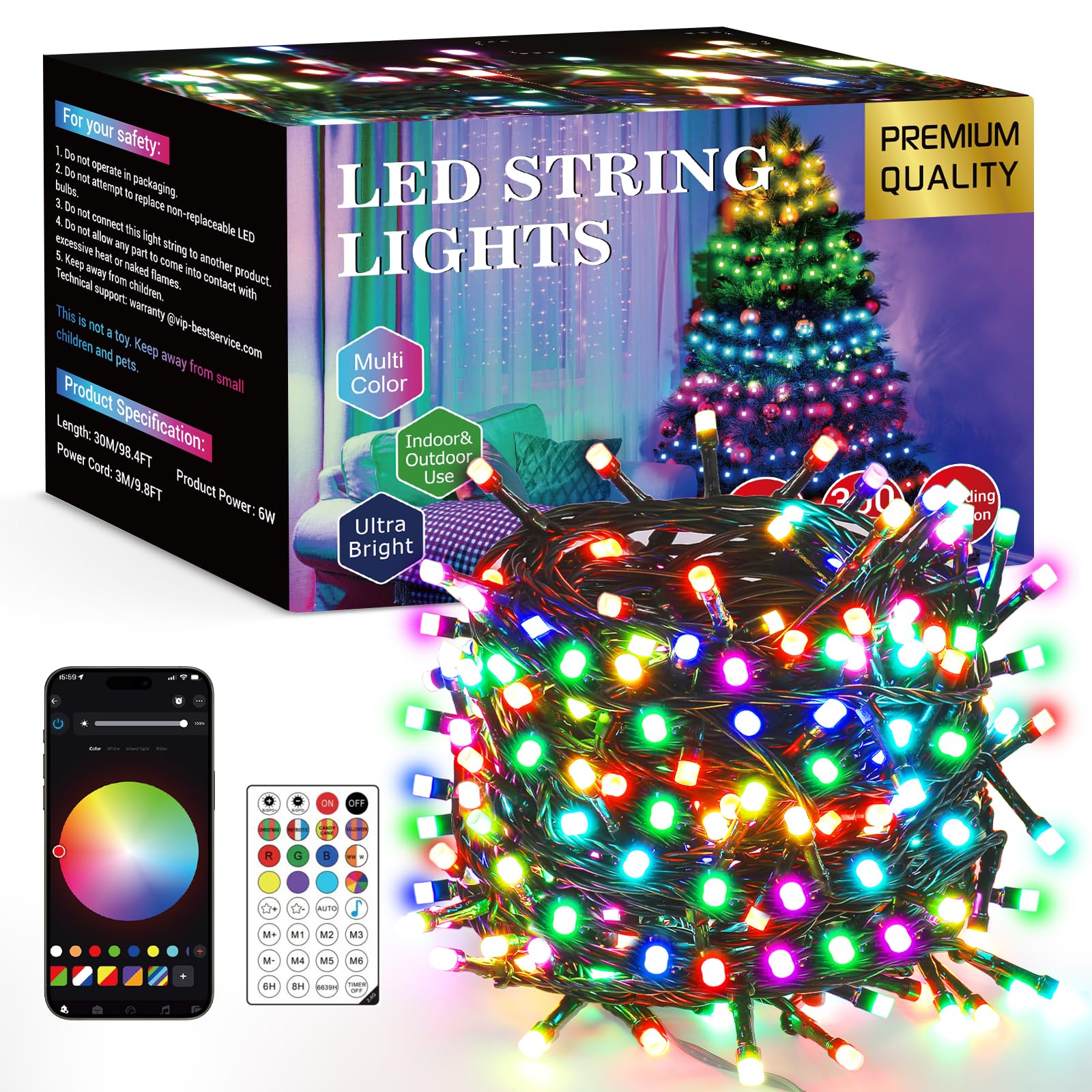 Quntis 30M 300LED Guirlande Lumineuse Exterieure Noel avec APP & Télécommande, 16 Millions de Couleurs Lumiere Sapin de Noel Intelligentes, 200+ DIY Modes Guirlande Exterieur Noël, Luminosité Réglable