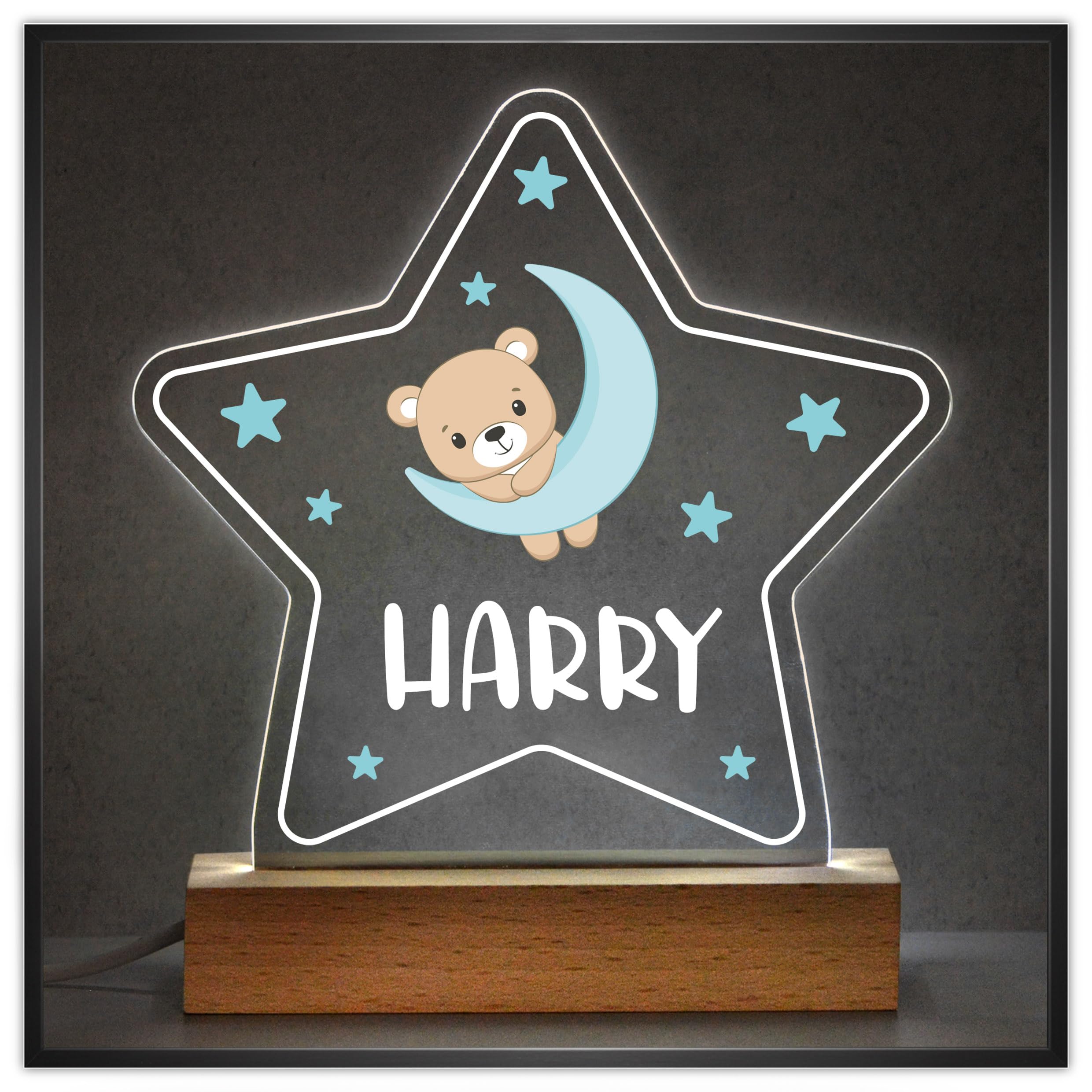Blue Teddy Bear Star Night Light with Childs Name, Personalised Acrylic LED Night Light For Baby Boy, Star Nursery Bedroom Decor, Baby Sleep Light Lamp