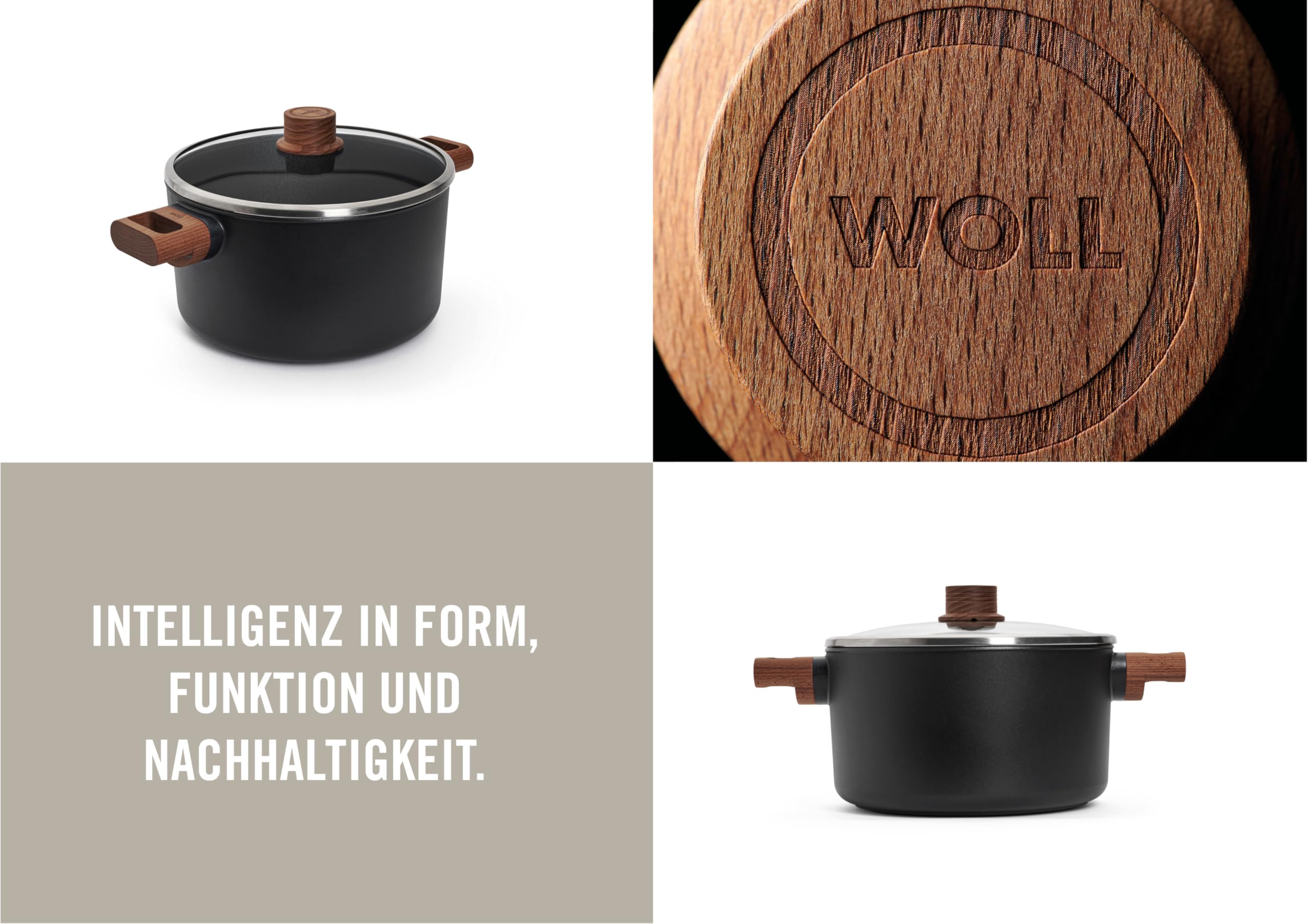 Woll Eco Logic QXR - Olla de 24 cm de diámetro, 14 cm de alto, 4,5 litros, con 2 asas laterales de madera, apta para todo tipo de cocinas, sin PFAS, revestimiento antiadherente, aluminio fundido, apto