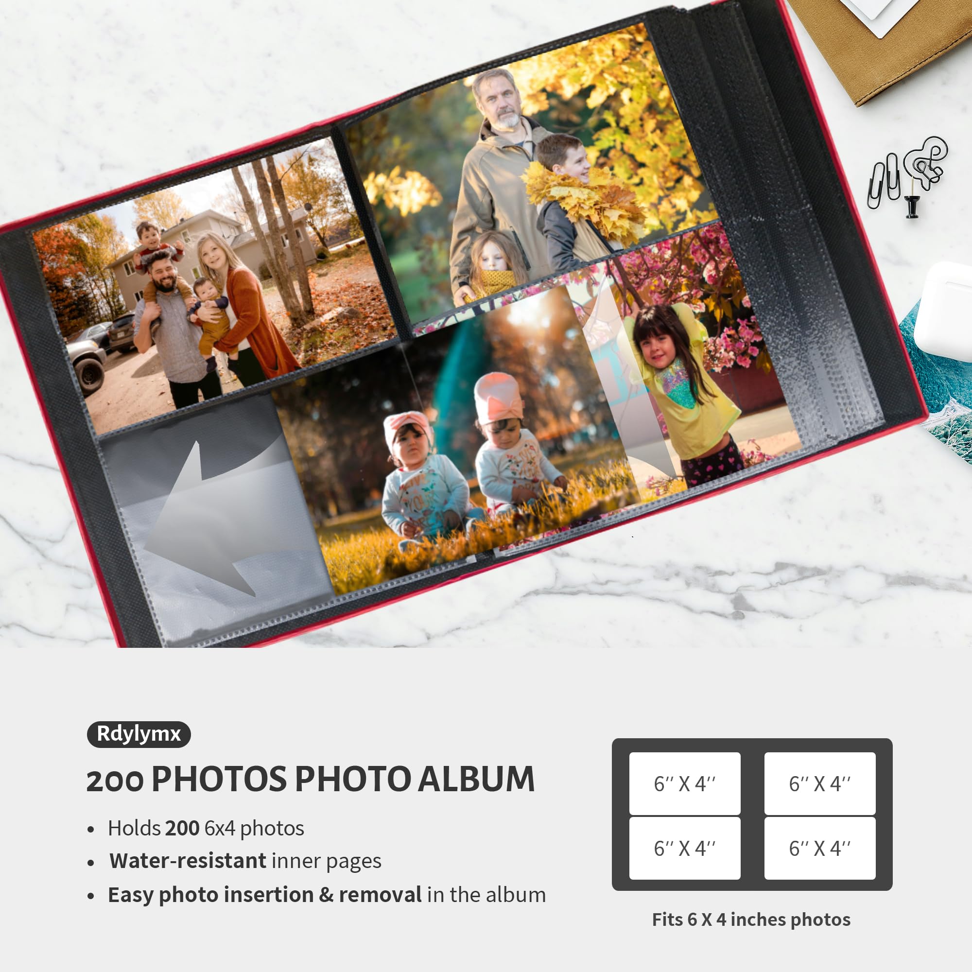 Rdylymx Photo Album 6x4 200 Landscape Pockets Photos, Leather Cover Picture Albums Holds 200 Horizontal Photos (Red) - Image 2