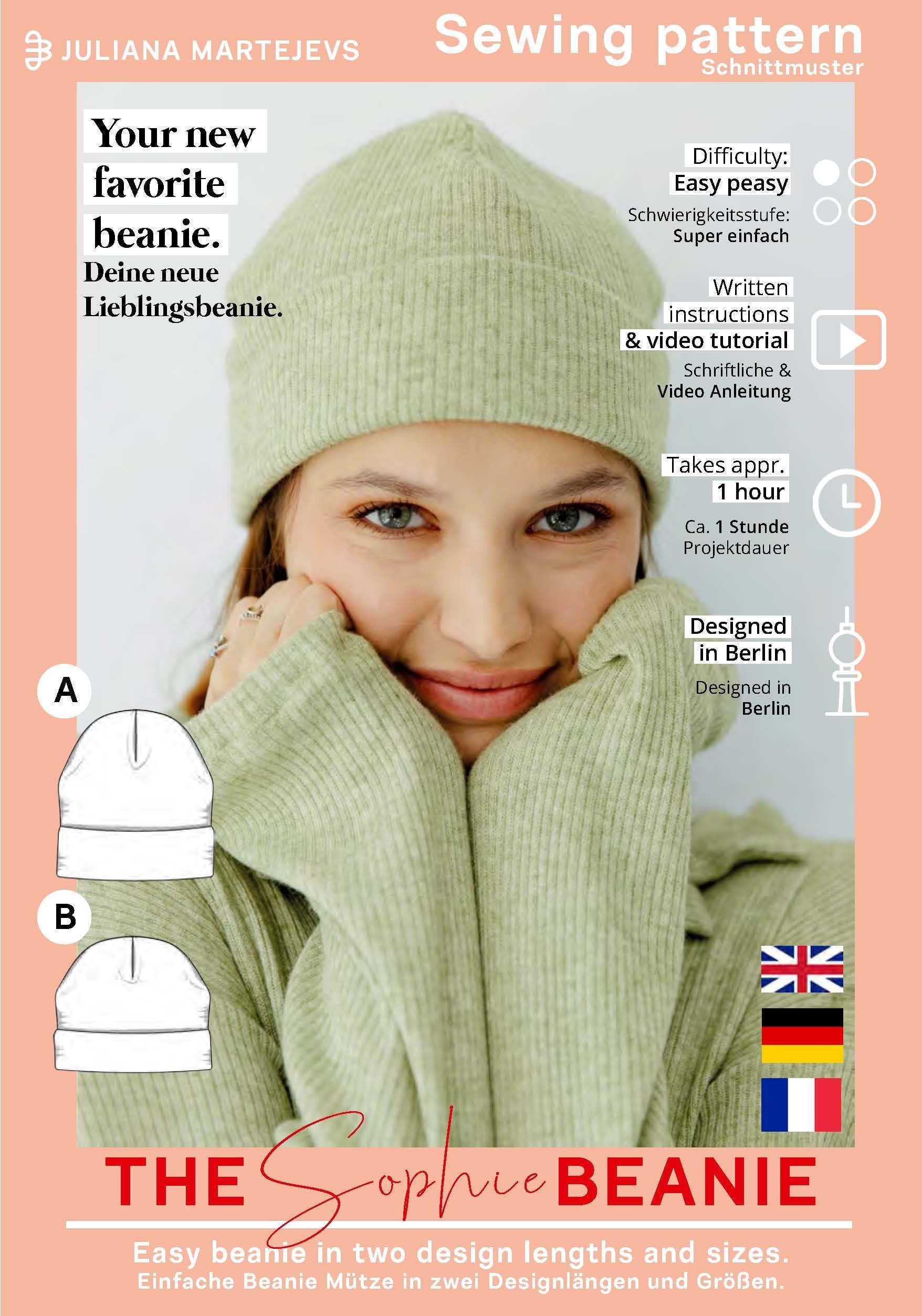 JULIANA MARTEJEVS Sewing Pattern Beanie Hat Ladies in Two Sizes Paper Pattern with Sewing Instructions for Sewing, White