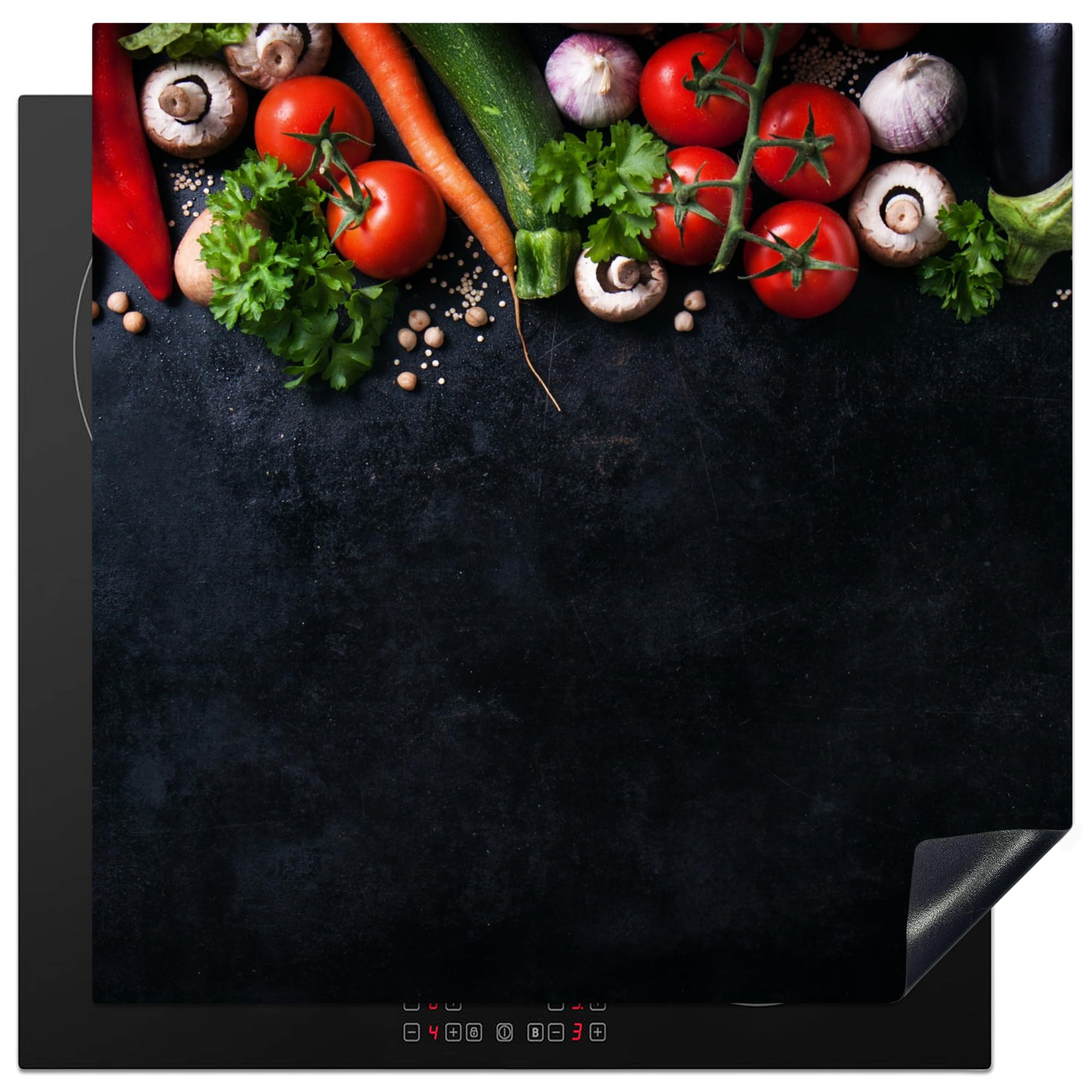 KitchenYeah© Induction Hob Cover Protector Mat 30.7"x30.7" / 78x78 cm Kitchen Universal Ceramic Covers for Electric Cookers Vinyl Vegetable - Herbs - Spices - Black - Rustic - Kitchen