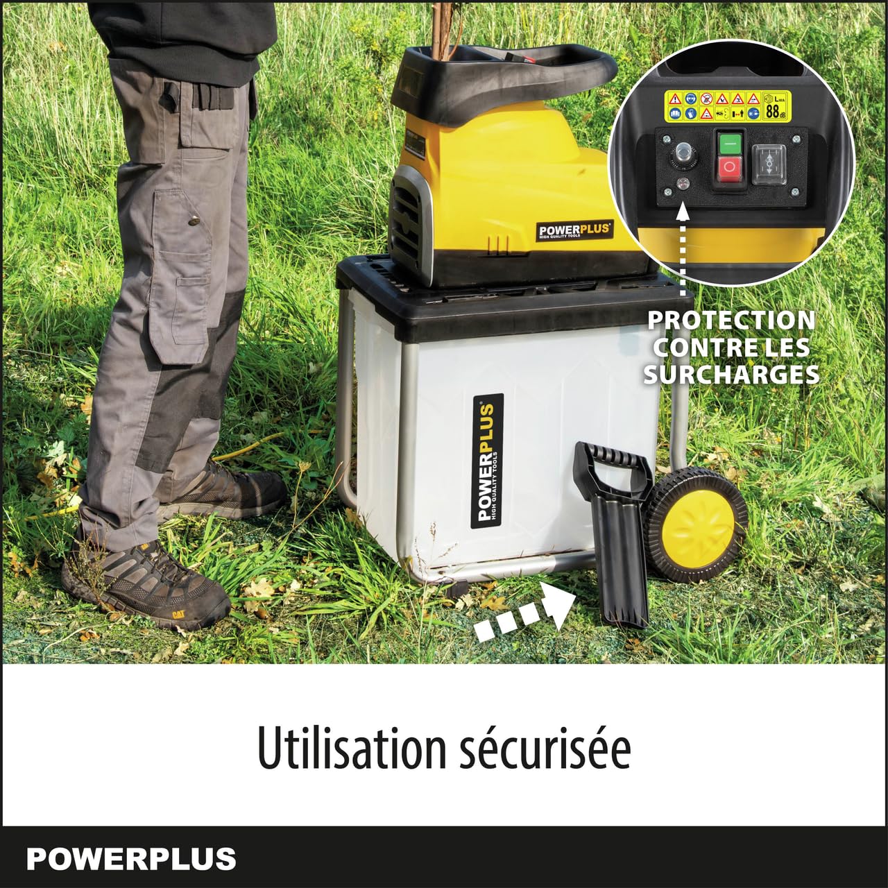 Powerplus Broyeur de Végétaux Électrique POWXG6462-2800 W, Max. Ø45 mm, Poussoir, Roues et Sac de Ramassage de 60 l Inclus