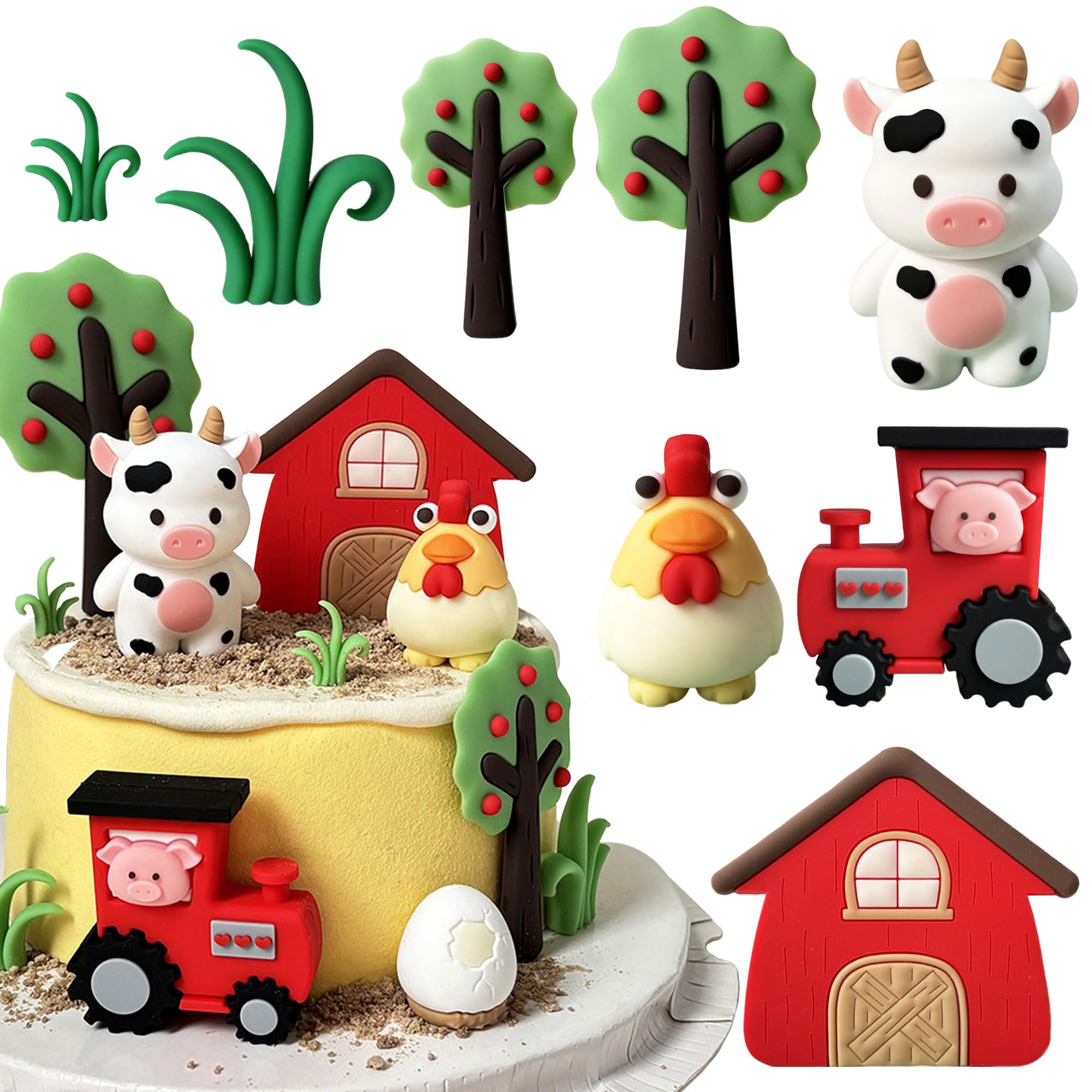 JeVenis Farm Birthday Cake Toppers Farm Animals Party Decorations Farmhouse Birthday Decorations Cow Pig Chicken Cake Farmyard Animal Cupcake Toppers