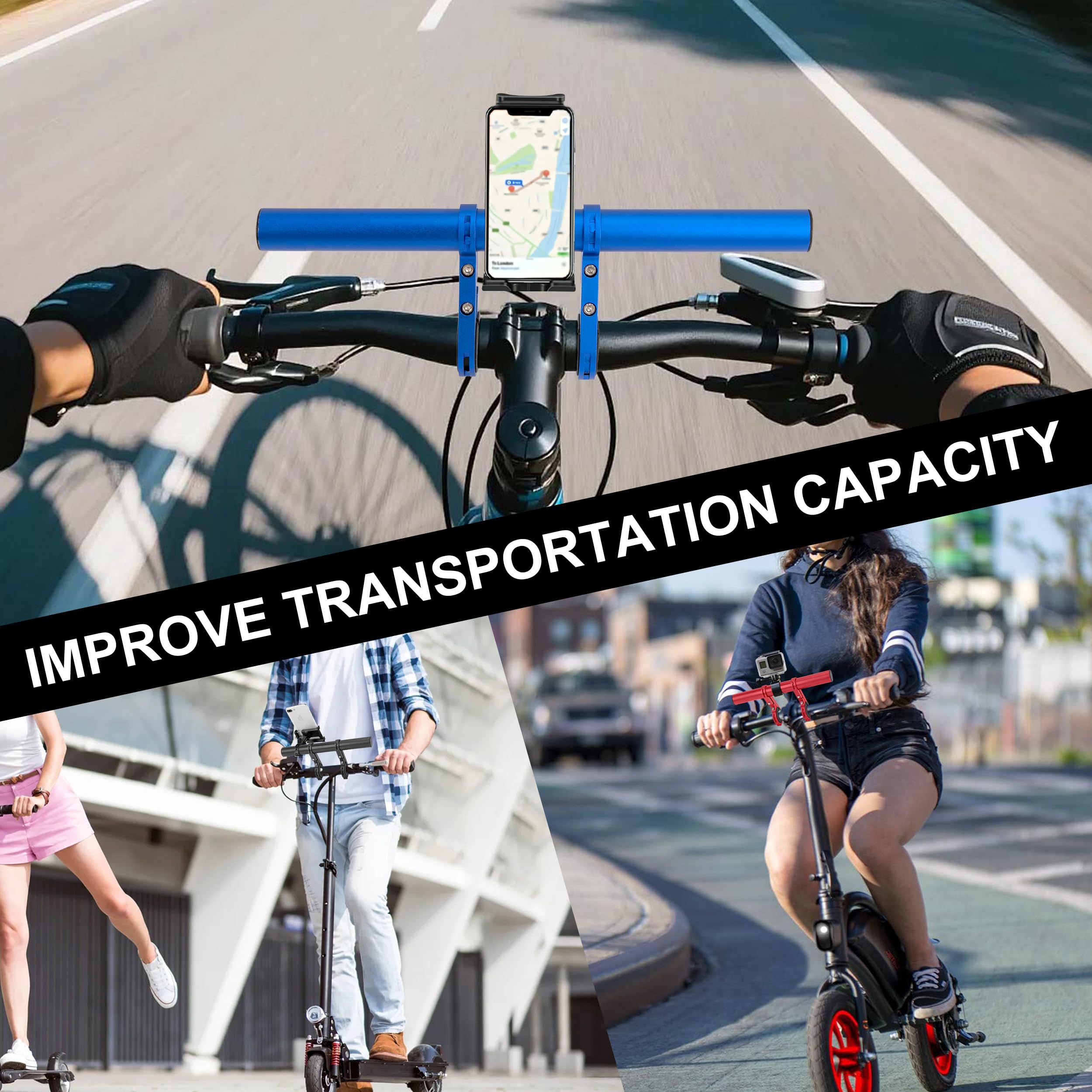 Estensione del Manubrio della Bicicletta, Manubrio Extender per Bici e Motociclo, Doppie Morsetti Supporto in Lega di Alluminio, Supporto per GPS, Tachimetro,Torcia, Telefono
