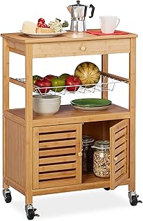 Relaxdays Bambusowy wózek kuchenny, blat roboczy, szafka i kosz, wózek do serwowania na kółkach, wys. 82 x 59,5 x 35 cm, naturalny