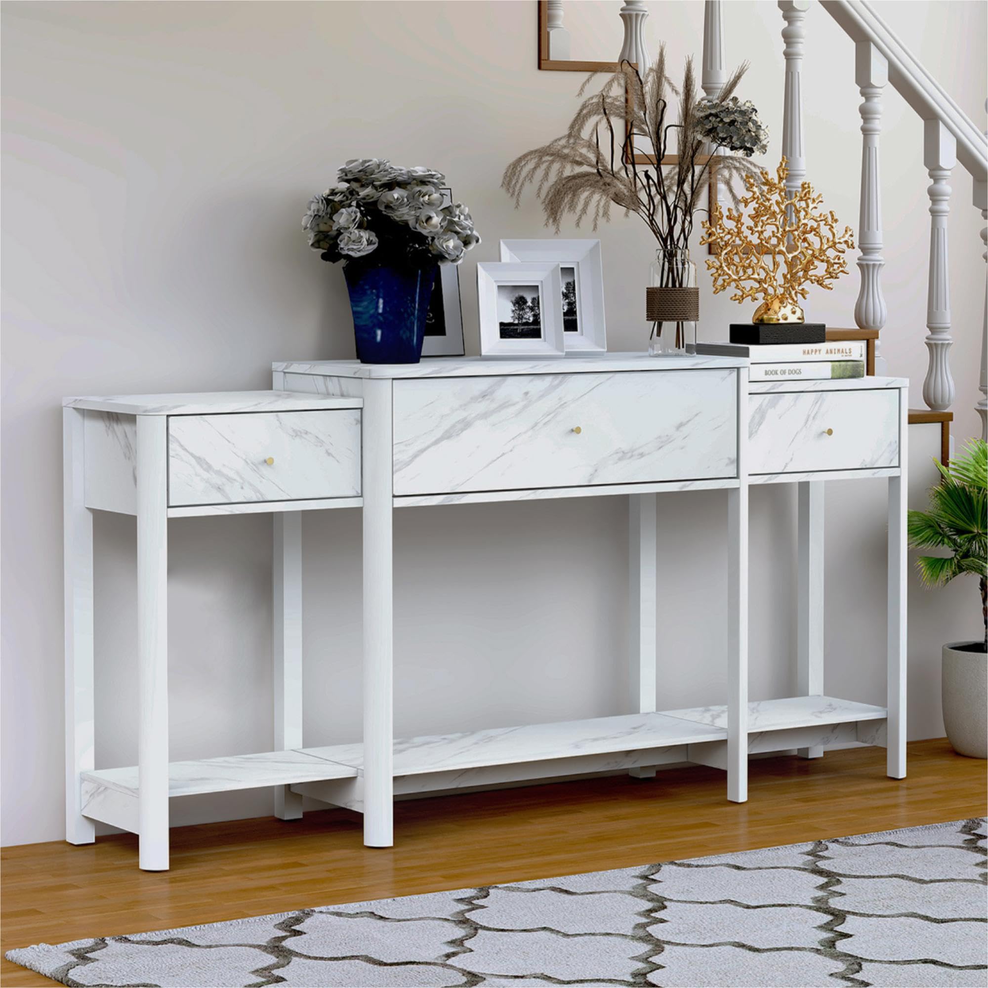 Table d'entrée avec 3 tiroirs en bois - Table console moderne pour le hall d'entrée, organisateur de rangement pour couloir, table d'appoint moderne avec étagère inférieure (blanc marbré)