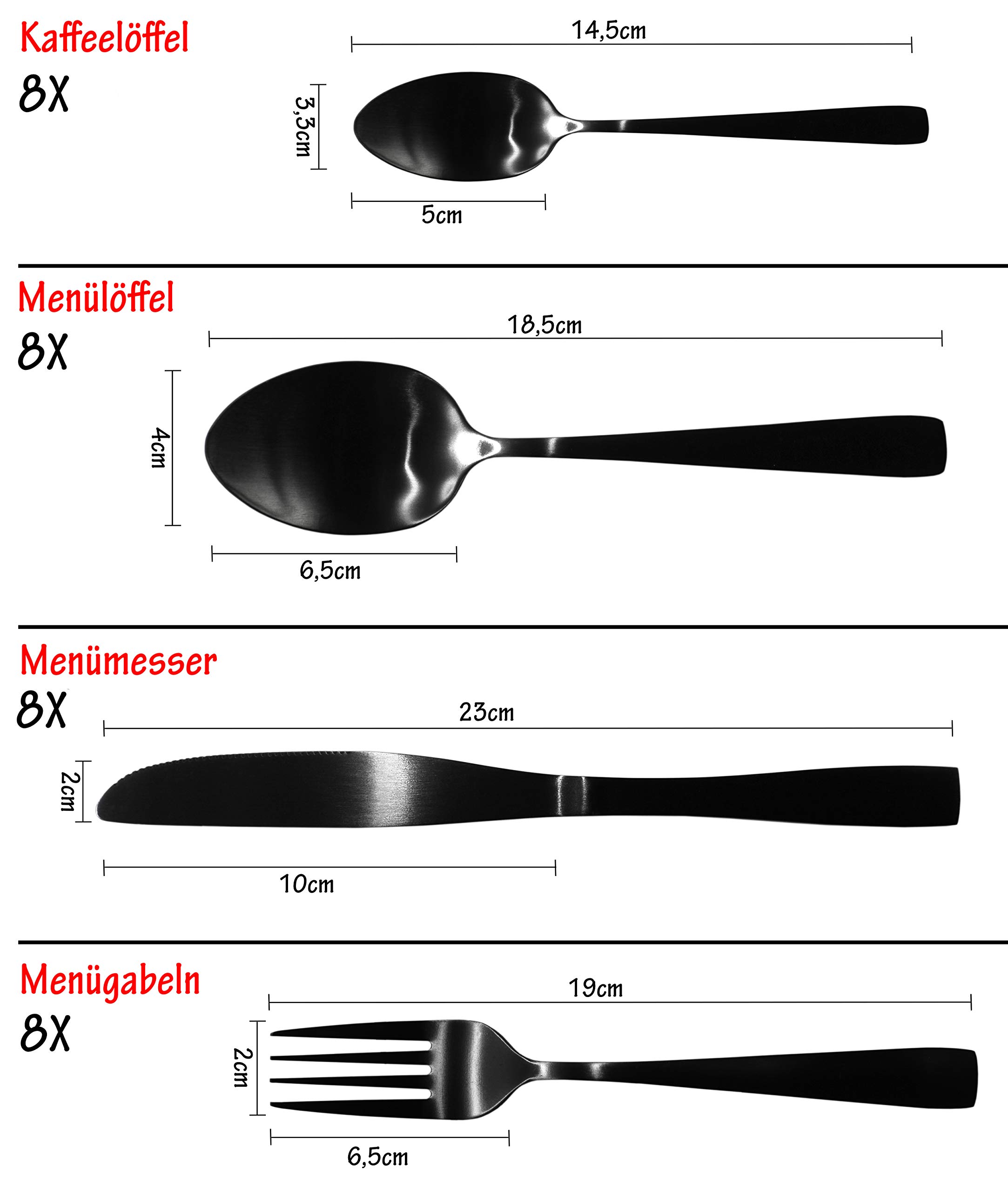 16/32 teiliges Edelstahl Besteck Set Tafelbesteck Essbesteck Gabel Messer Löffel Set schwarz matt/silber bis 8 Personen (Schwarz 32-teilig)