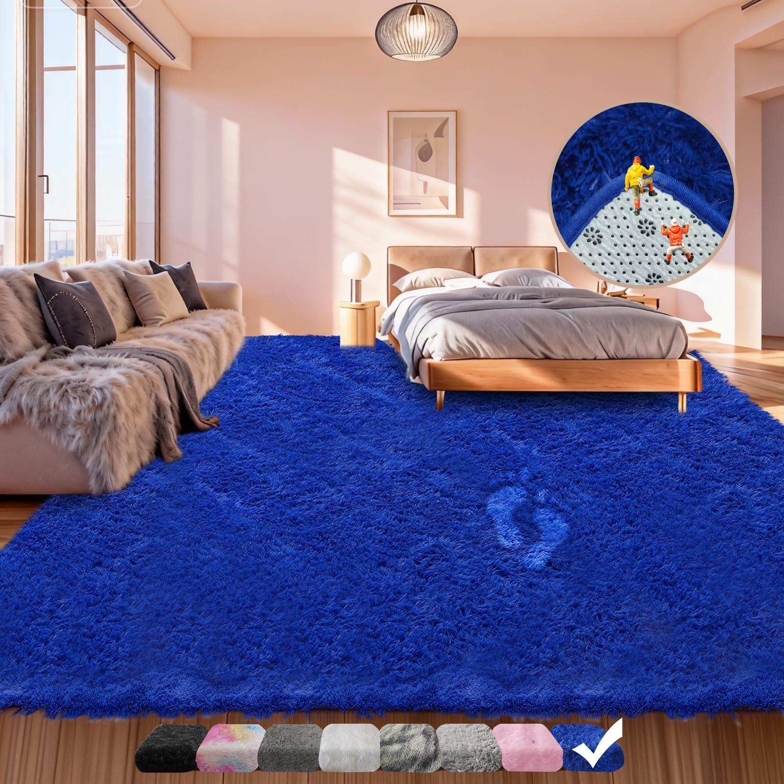 Photo 1 of 8x10 Area Rugs for Living Room, Upgrade Non-Slip Fluffy Soft Large Shag Bedroom Rug, Big Indoor Thick Fuzzy Shaggy Carpets for Kids Boy and Girls Room, Nursery, Dorm, Home Decor Aesthetic, Blue