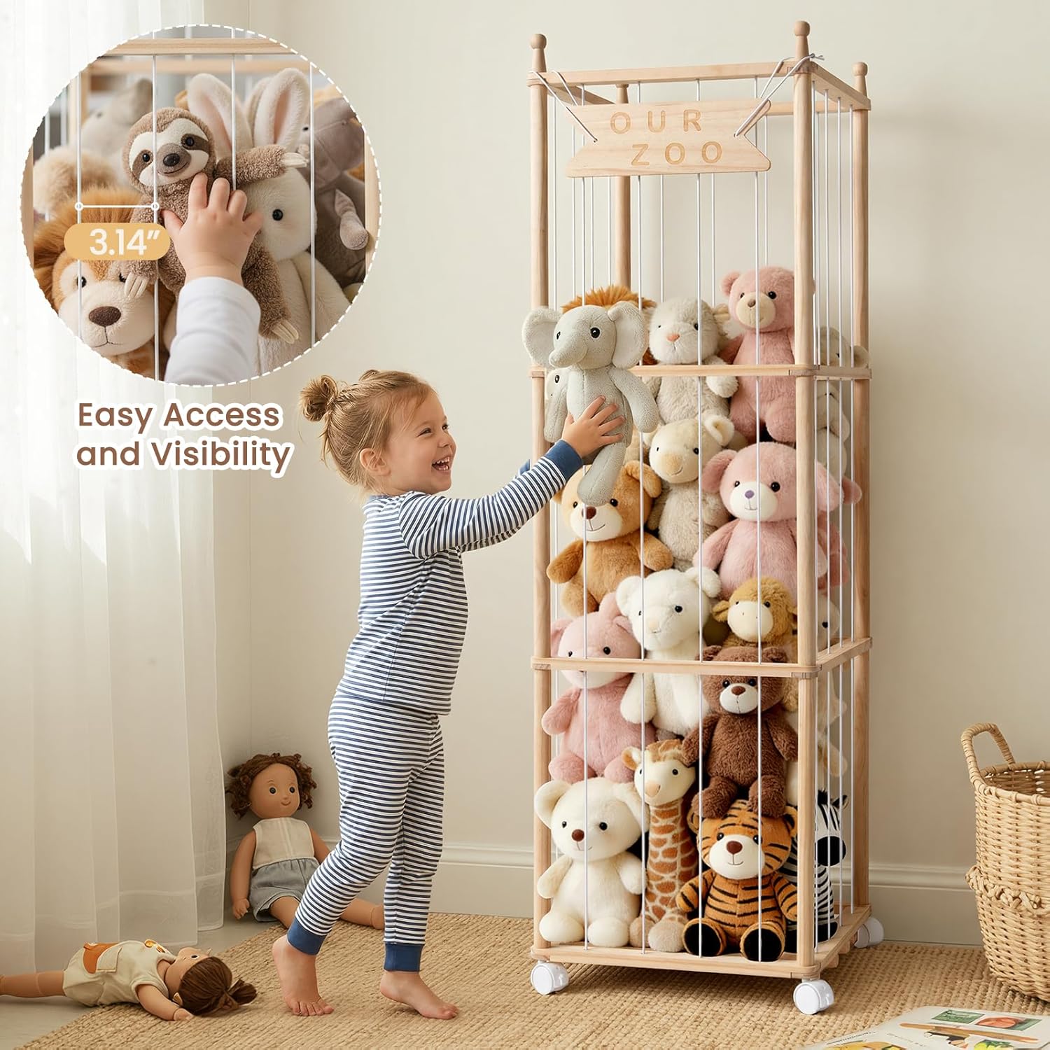 Ostutry Stuffed Animal Storage with Wheels - Wood Stuffed Animals Organizer Holder Zoo Large Capacity Plush Toy Cage with Elastic Band for Playroom, Bedroom, Nursery
