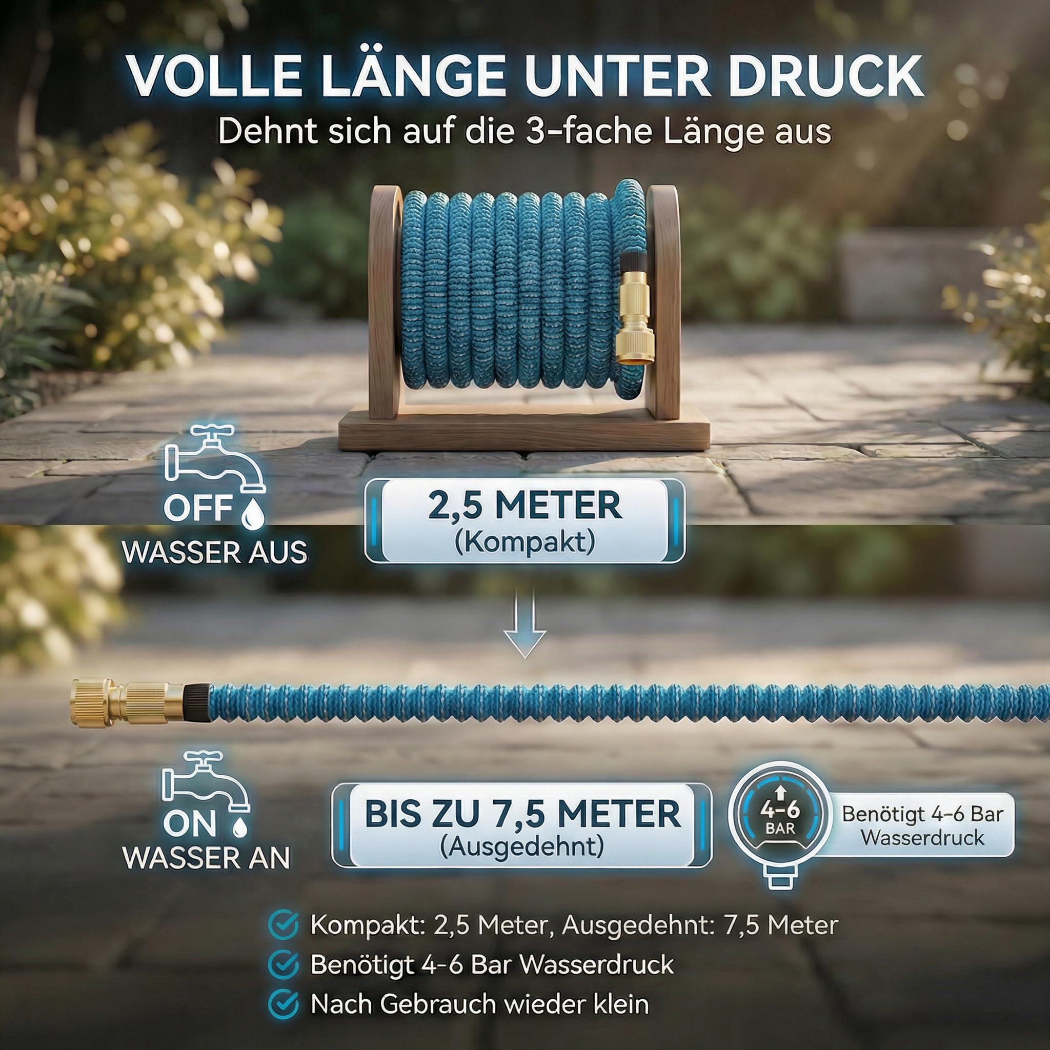 TIREX by xonic® Flexibler Gartenschlauch mit 10 verschiedenen Strahlarten – leichter Wasserschlauch flexibel mit 3-fach Latexkern – dehnbarer Flexschlauch/Gartenschlauch flexibel (Blau, 7,5m)
