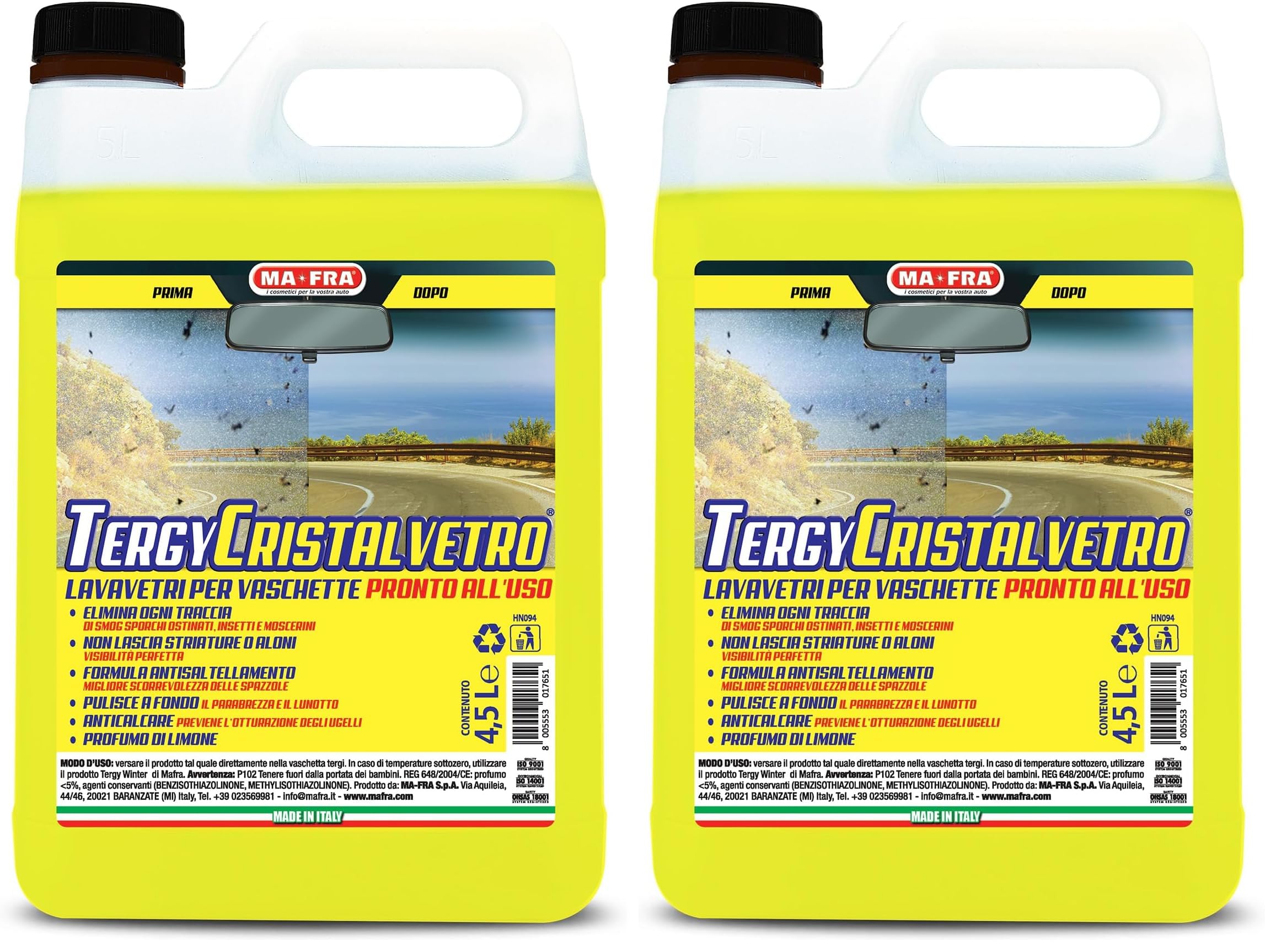 Ma-Fra, Tergy Cristalvetro, Liquido Lavavetri Per Vaschette Tergicristallo, Pronto All'Uso, Anticalcare, Non Lascia Aloni, Profumo di Limone, Elimina Tracce di Smog, Migliora Visibilità, Tanica 4500ml