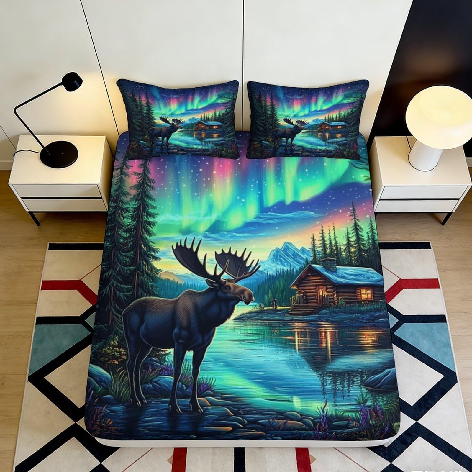 3D Printed Northern Lights Moose Fitted Sheet Microfiber Soft Breathable Cabin Lake Mattress Cover Bedroom Decor 120x200x25cm