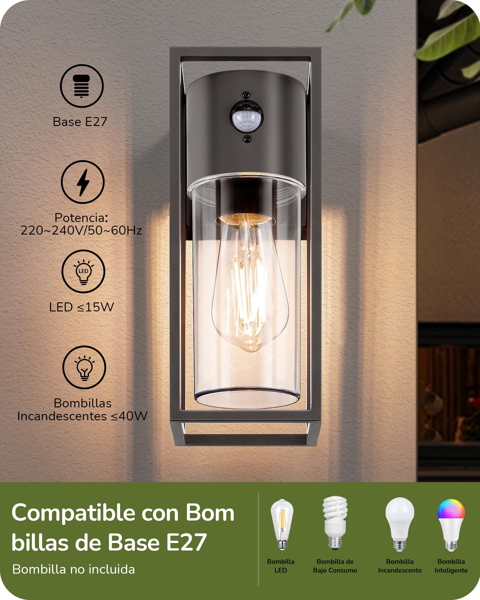 EDISHINE Aplique Pared Exterior E27, Sensor de Movimiento, IP44, Antracita | Carcasa de Aluminio con Sensor Crepuscular, Sin Bombilla, Impermeable para Jardín, Fachada y Puerta de Entrada