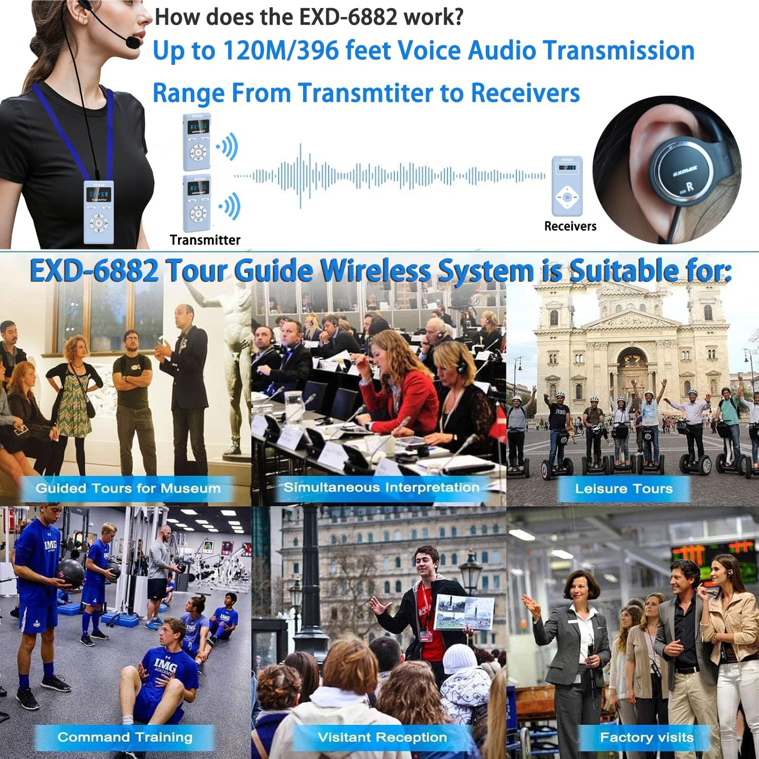 EXMAX EXD-6882 Wireless Tour Guide System Microphone Earphone Support one Click Mute and Shutdown Distance Voice Transmission Church Translation Conference Presentations (1 Transmitter 3 Receivers)