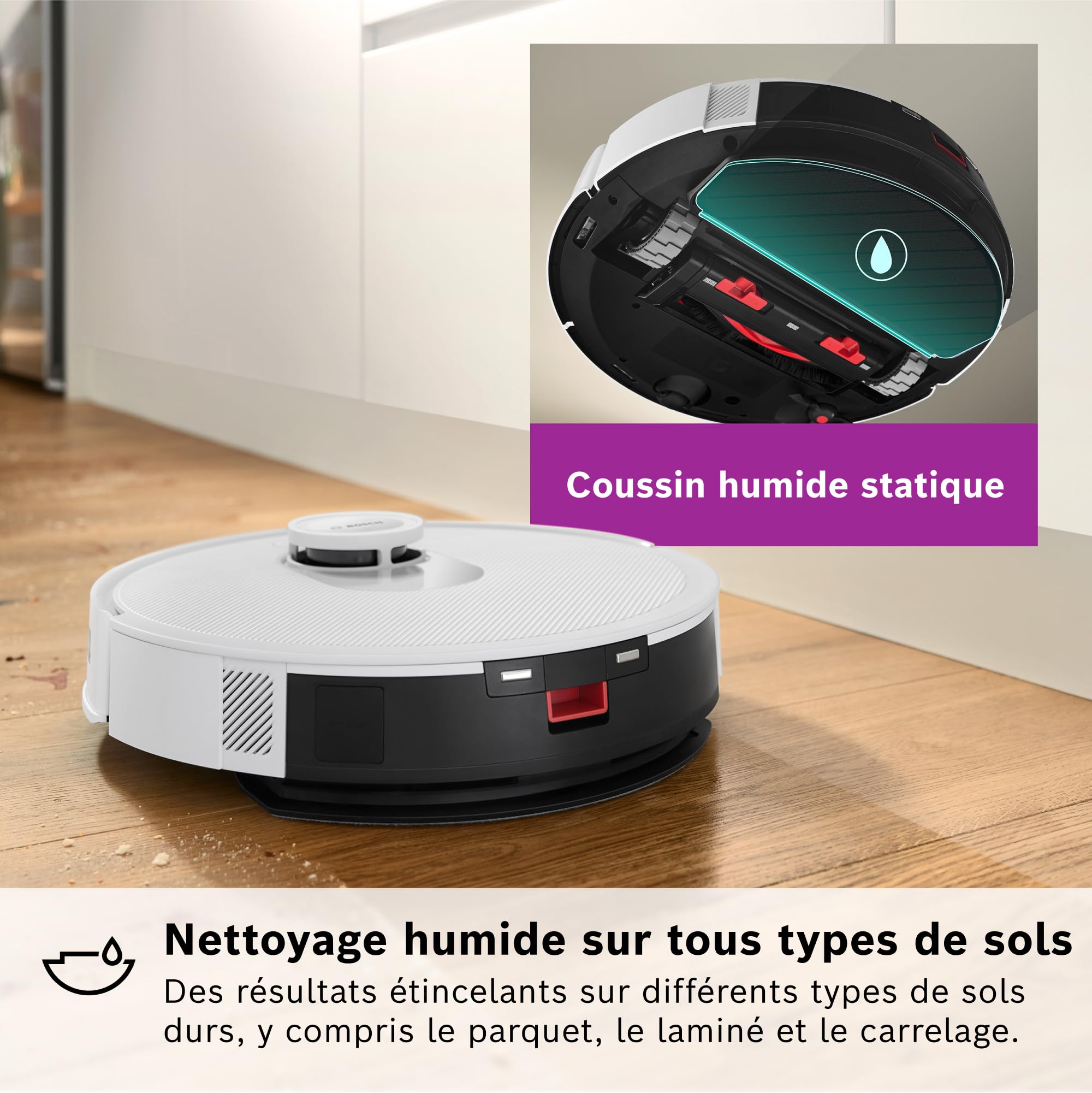 Bosch BCRD1W Spotless+ - Robot aspirateur-laveur, anti-emmêlement