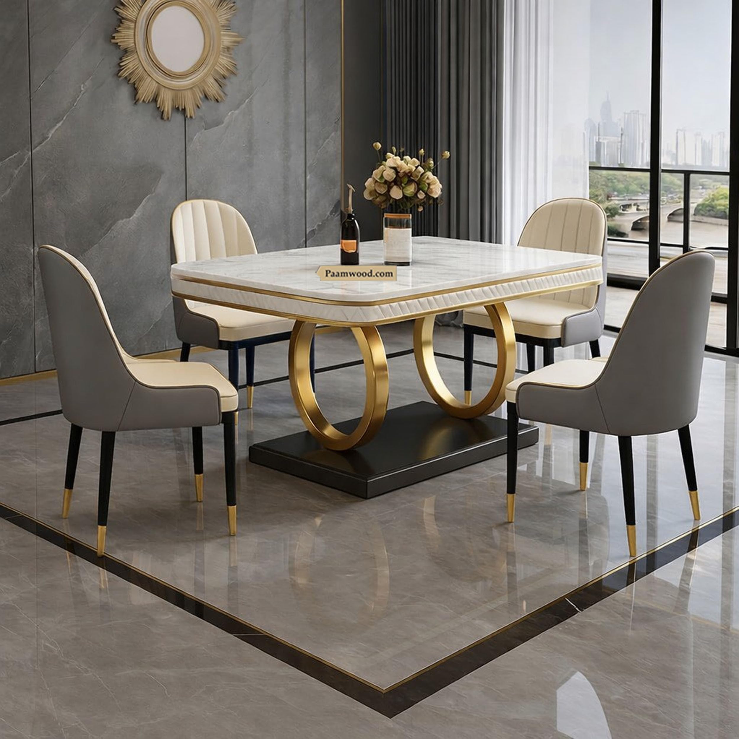 PAAM WOOD Ring Dining Table Set 4 Seater Marble Finish Dining Table Set with Gold Metal Base & Cushioned Chairs – Modern Dining Table for Home & Kitchen (54 x 36 x 30 Inch) (Grey + Cream)